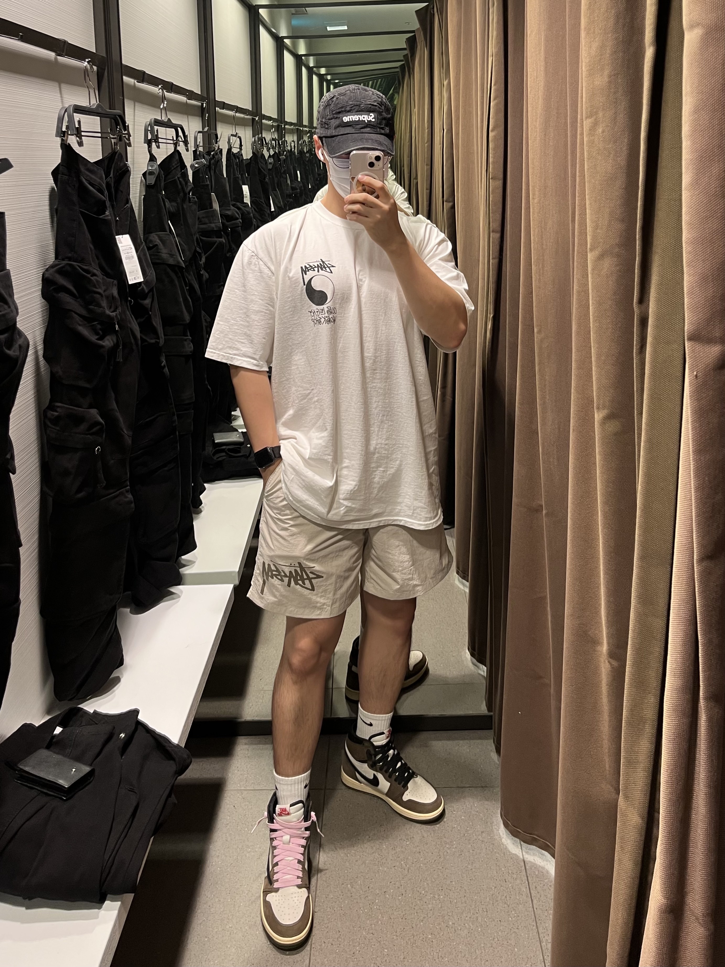 Stussy x Our Legacy Frame Pigment Dyed T-Shirt Natural, Stussy x Our Legacy Work Shop Water Shorts Taupe 착용 스타일