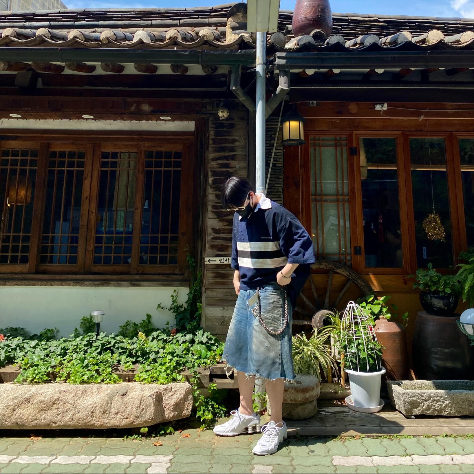 Project G/R Bullied Half Polo Shirts Navy, Project G/R Reworked Bermuda Shorts Blue 착용 스타일 - 2