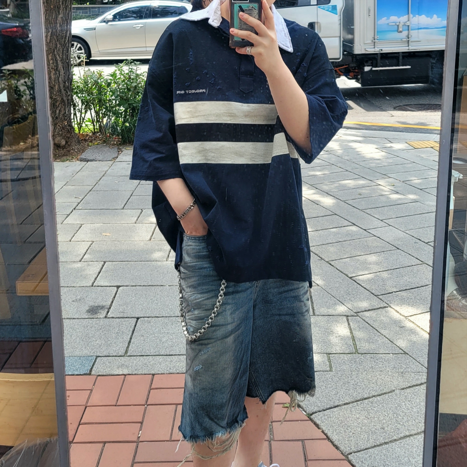 Project G/R Bullied Half Polo Shirts Navy, Project G/R Reworked Bermuda Shorts Blue 착용 스타일 - 3