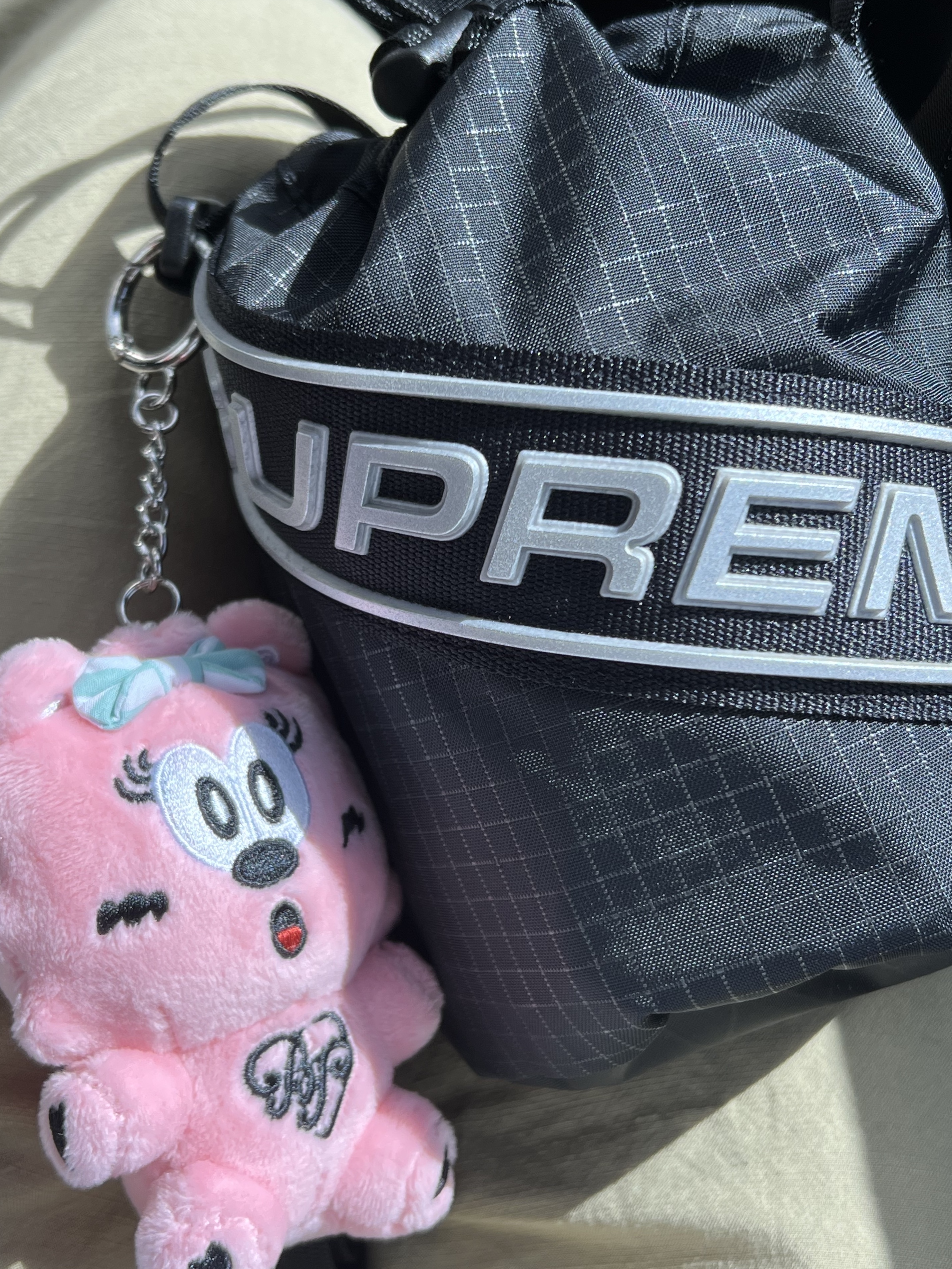 Verdy x Blackpink Binky Keychain Pink, Supreme Small Cinch Pouch Black - 23FW 착용 스타일