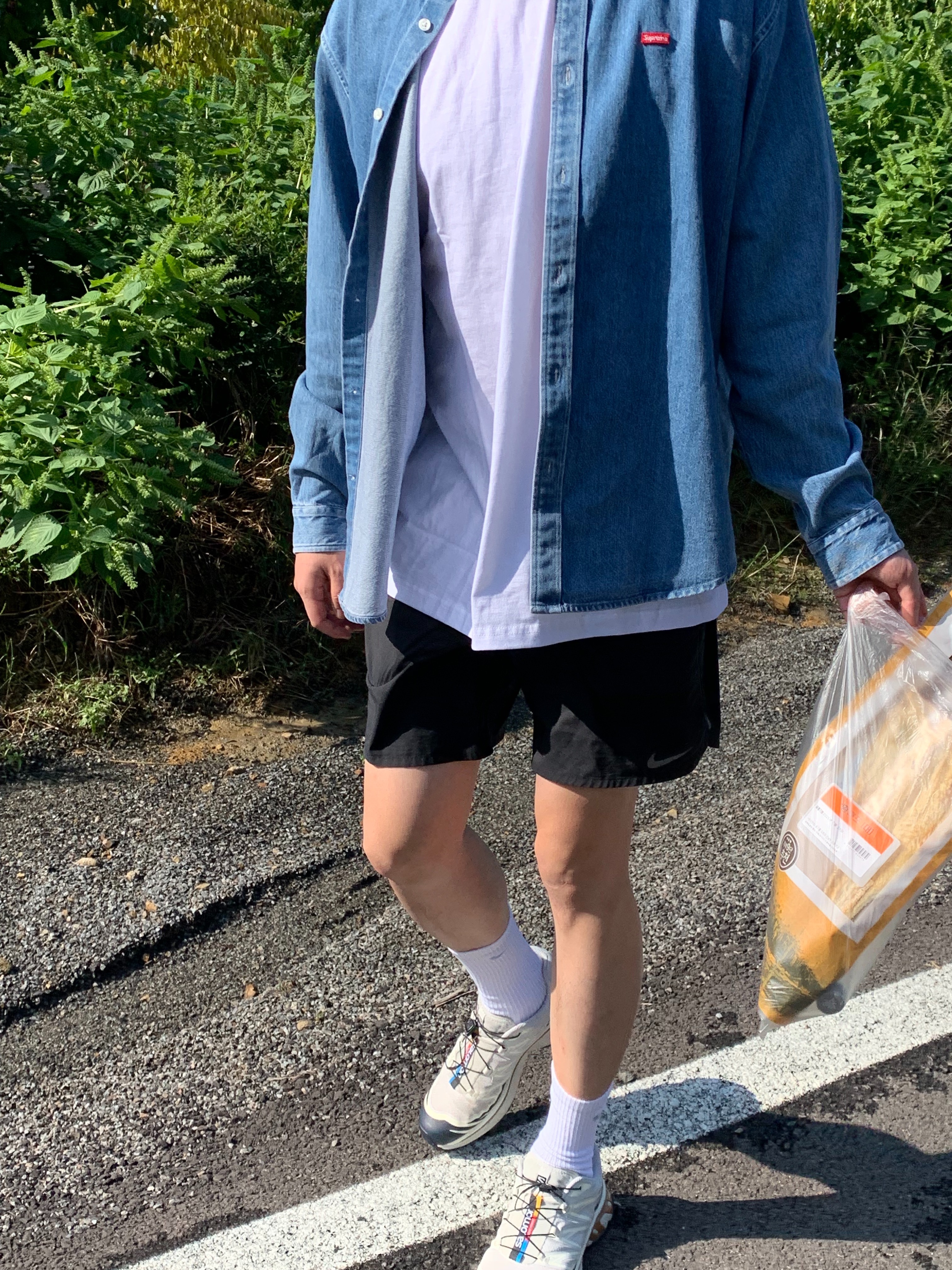 Supreme Small Box Shirt Denim - 23FW, Salomon XT-6 Lunar Rock Dark Sapphire 착용 스타일