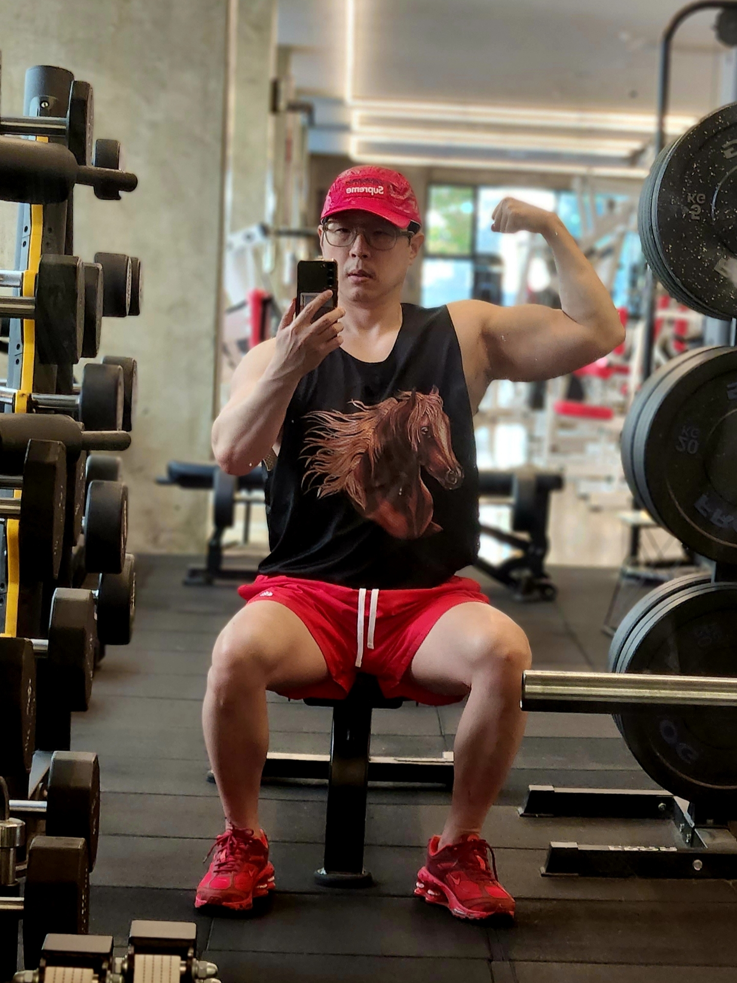 Supreme Gloss Ripstop Camp Cap Red - 23FW, Supreme Mustang Reversible Basketball Jersey Black - 23SS 착용 스타일 - 1