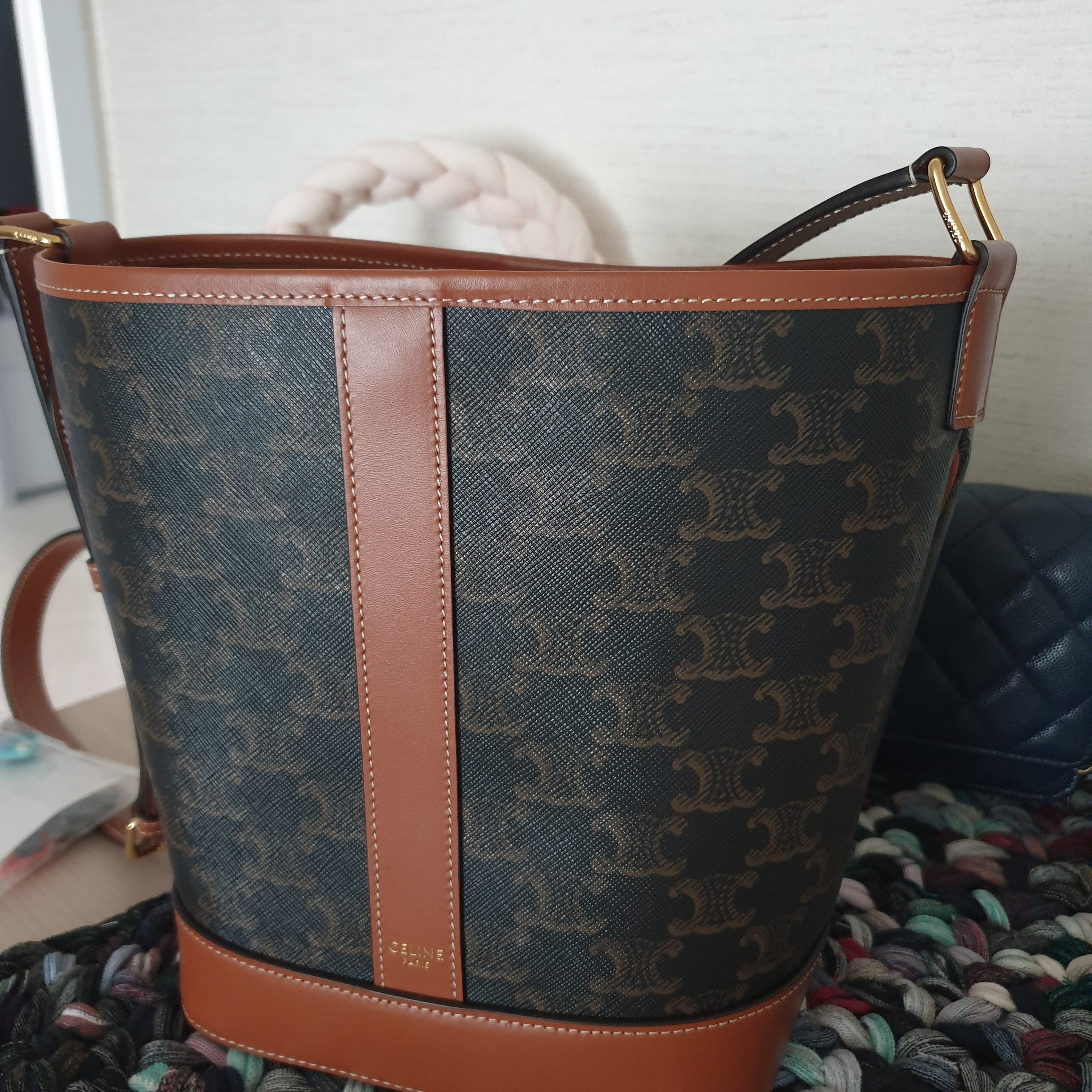 Celine Small Bucket in Triomphe Canvas and Calfskin Tan 착용 스타일 - 2