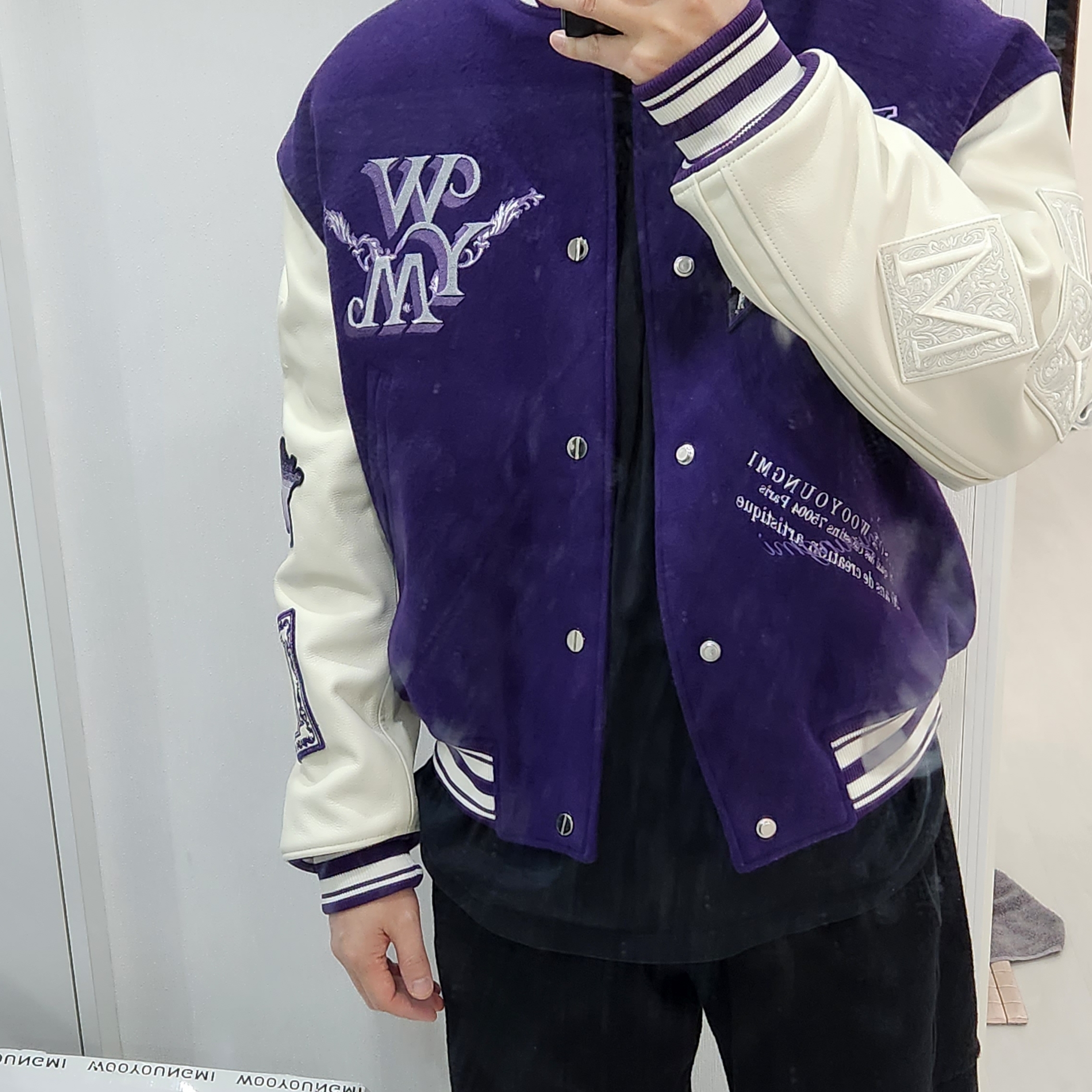 Wooyoungmi Varsity Jacket Gray - 23SS, Wooyoungmi Varsity Jacket Violet - 23SS 착용 스타일 - 2