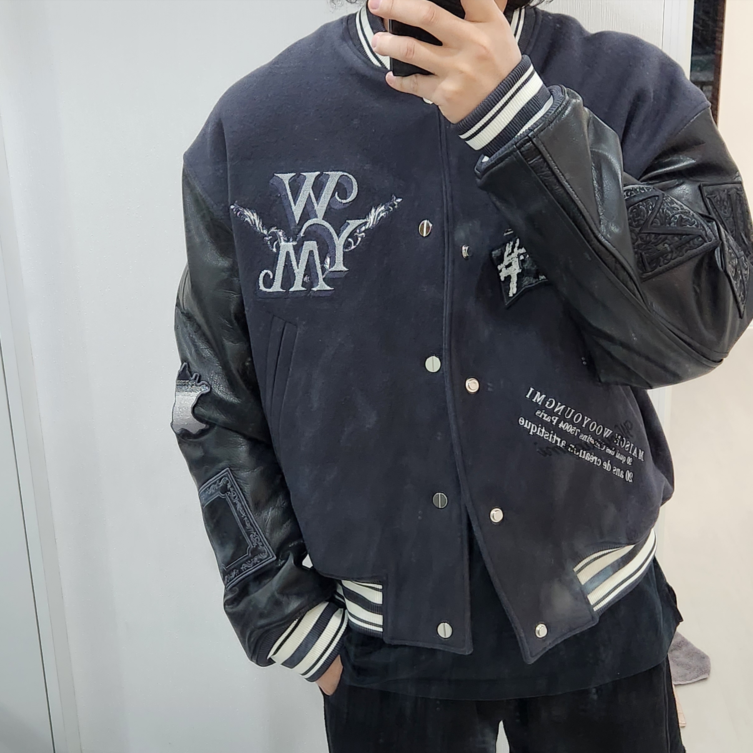 Wooyoungmi Varsity Jacket Gray - 23SS, Wooyoungmi Varsity Jacket Violet - 23SS 착용 스타일 - 1