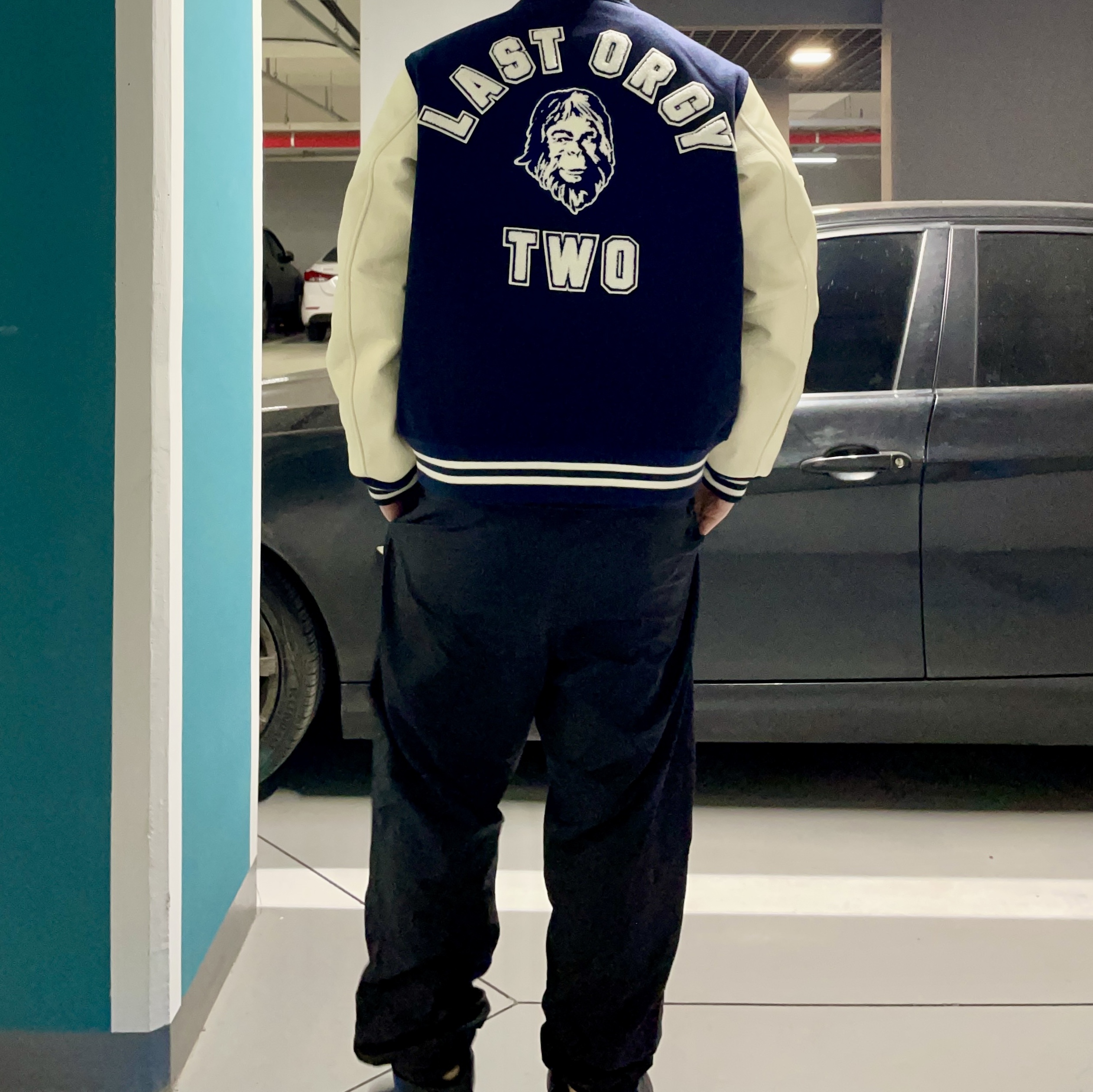Human Made x Undercover Last Orgy 2 Varsity Jacket Navy 착용 스타일