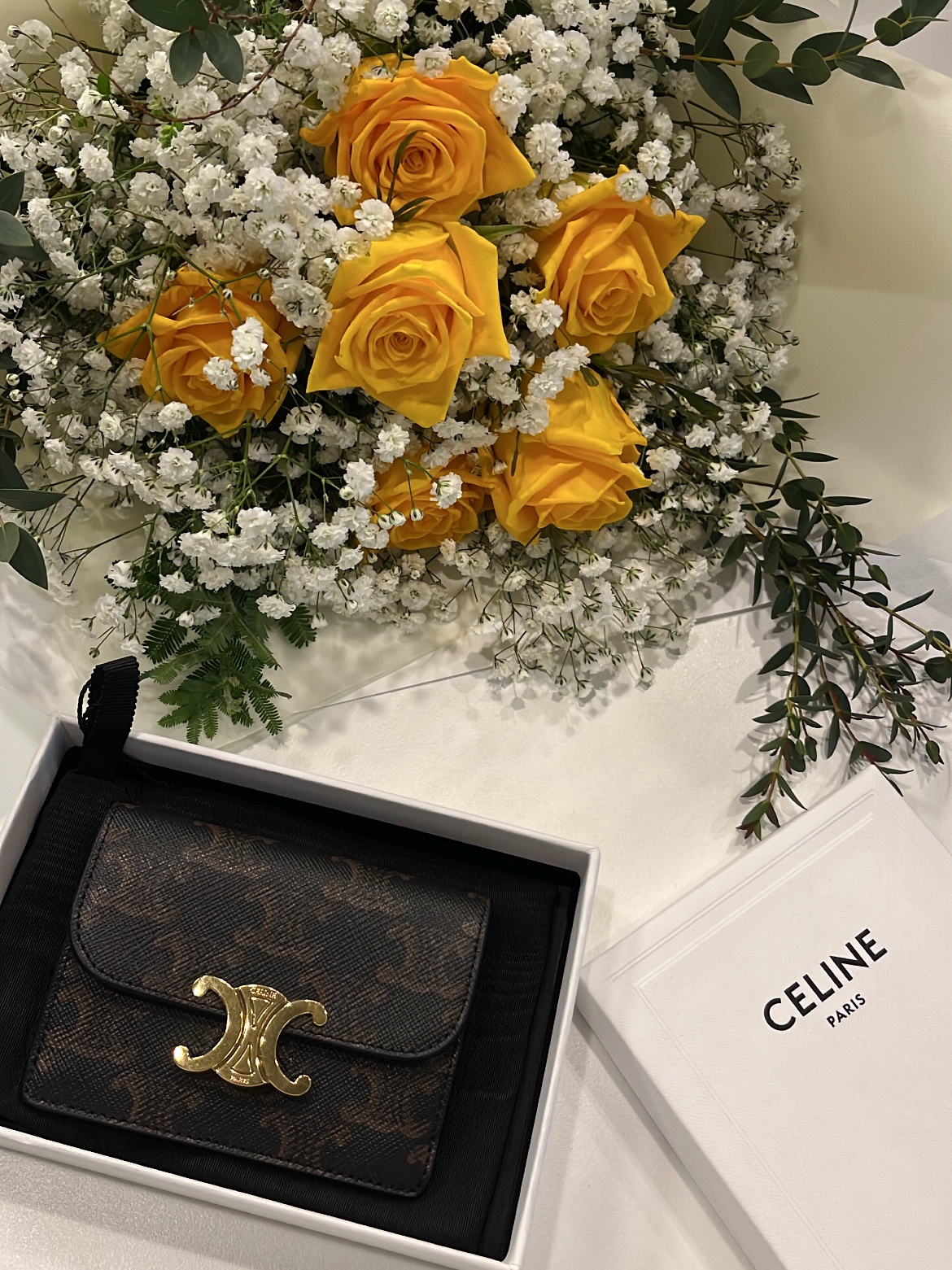 Celine Card Holder with Flap in Triomphe Canvas Tan 착용 스타일
