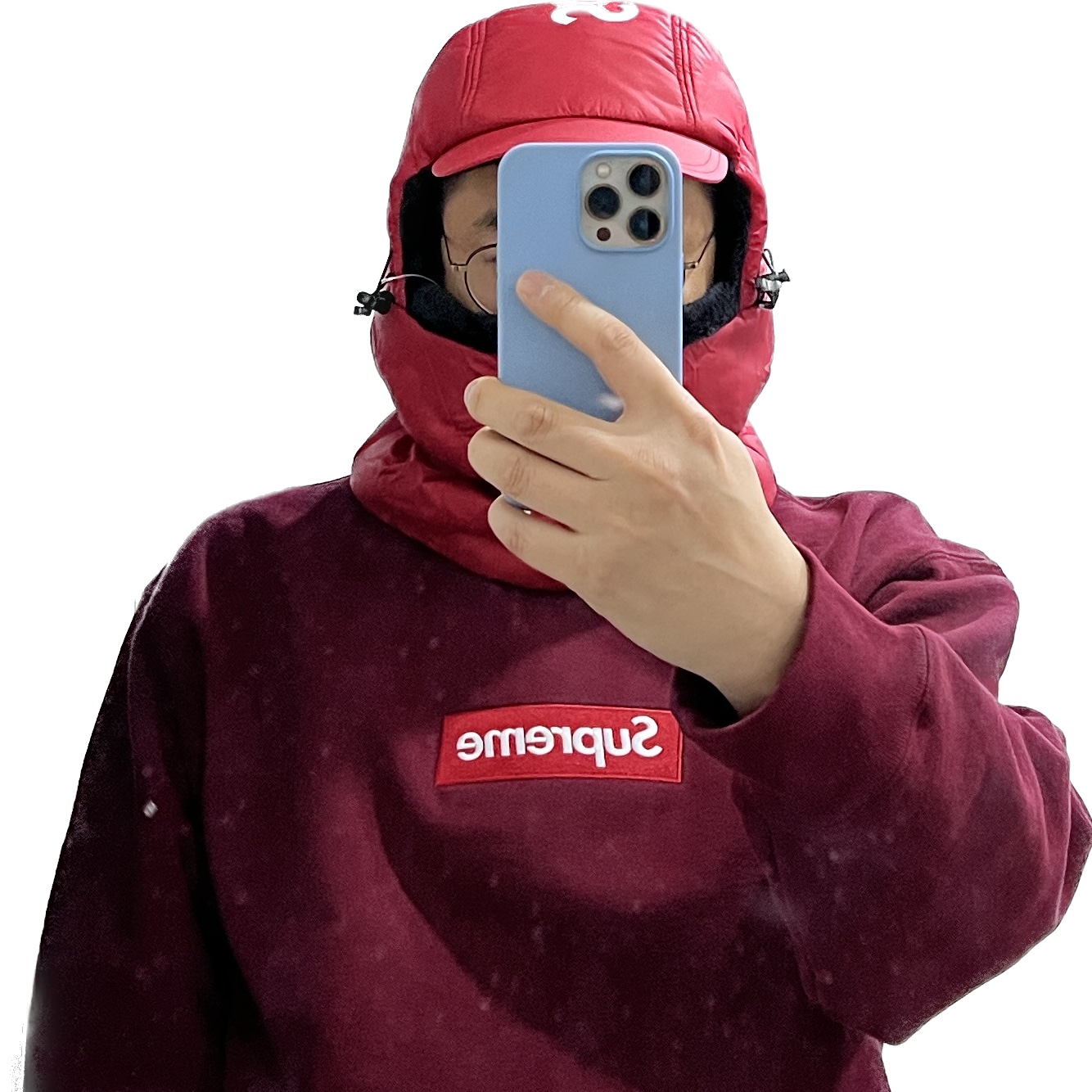 Supreme Box Logo Crewneck Cardinal - 22FW, Supreme Cordura Puffer Balaclava Red - 22FW 착용 스타일 - 1