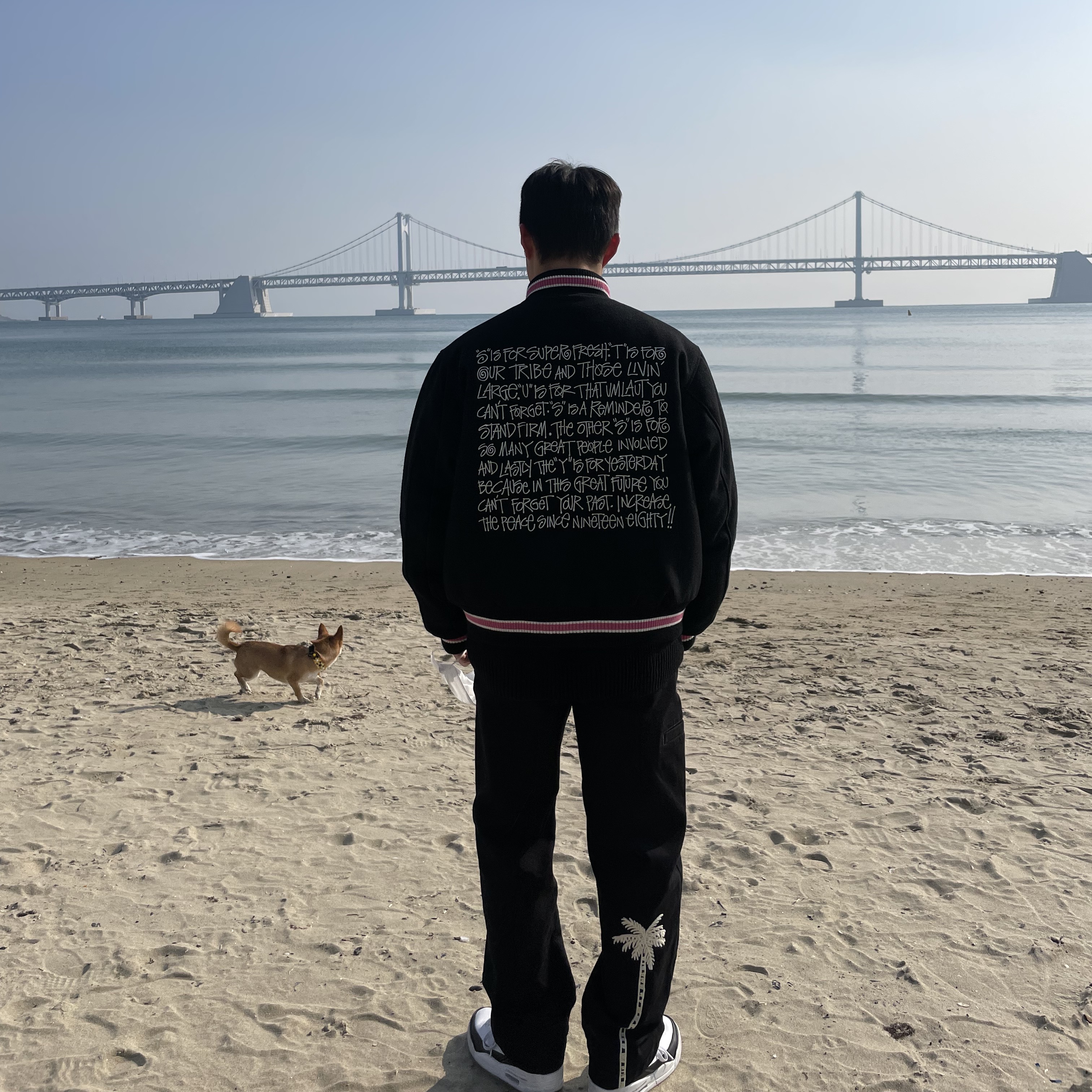 Stussy Noma Icon Beach Pants Washed Black, Stussy S Talk Melton Varsity Jacket Black 착용 스타일