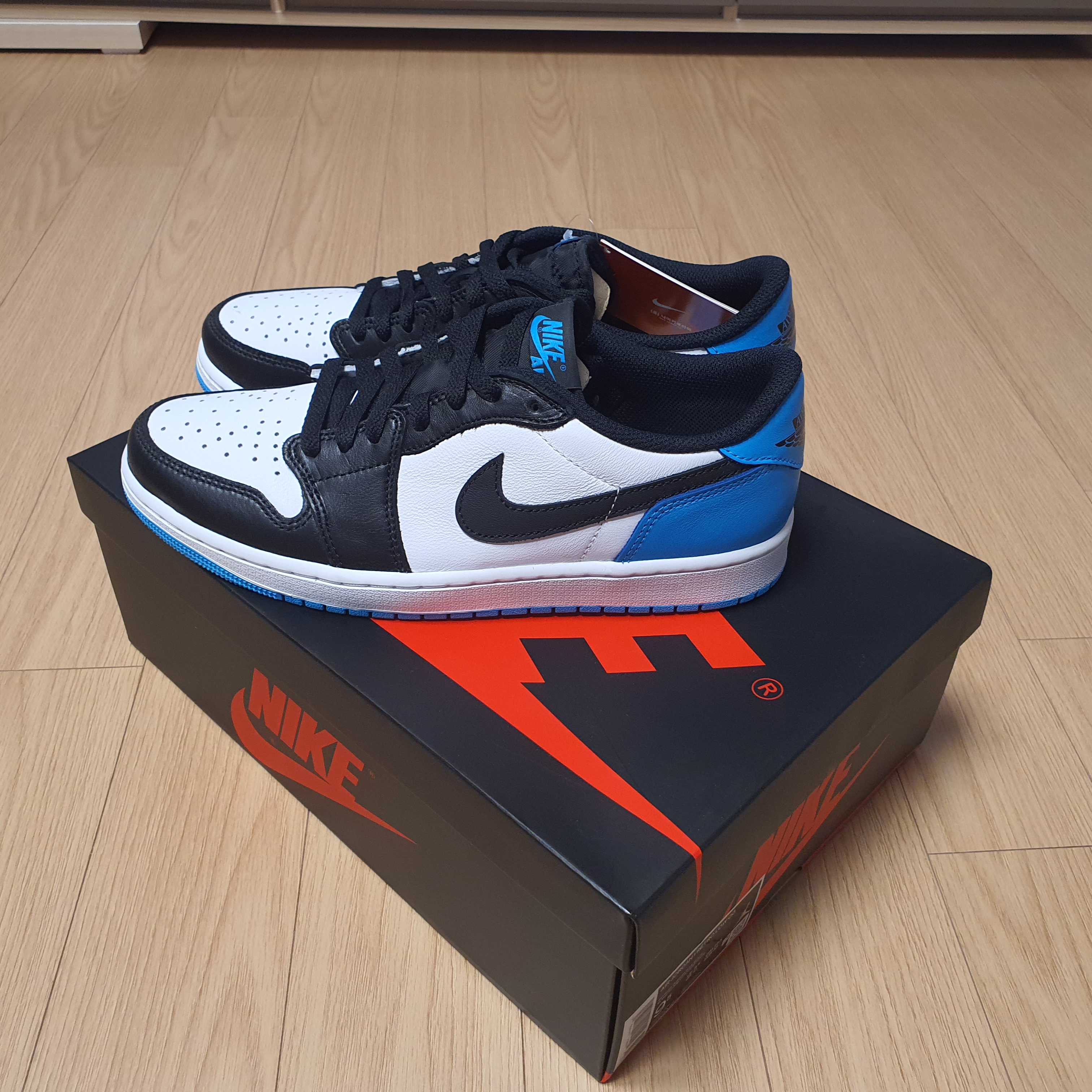 Jordan 1 Retro Low OG Black and Dark Powder Blue 착용 스타일 - 2