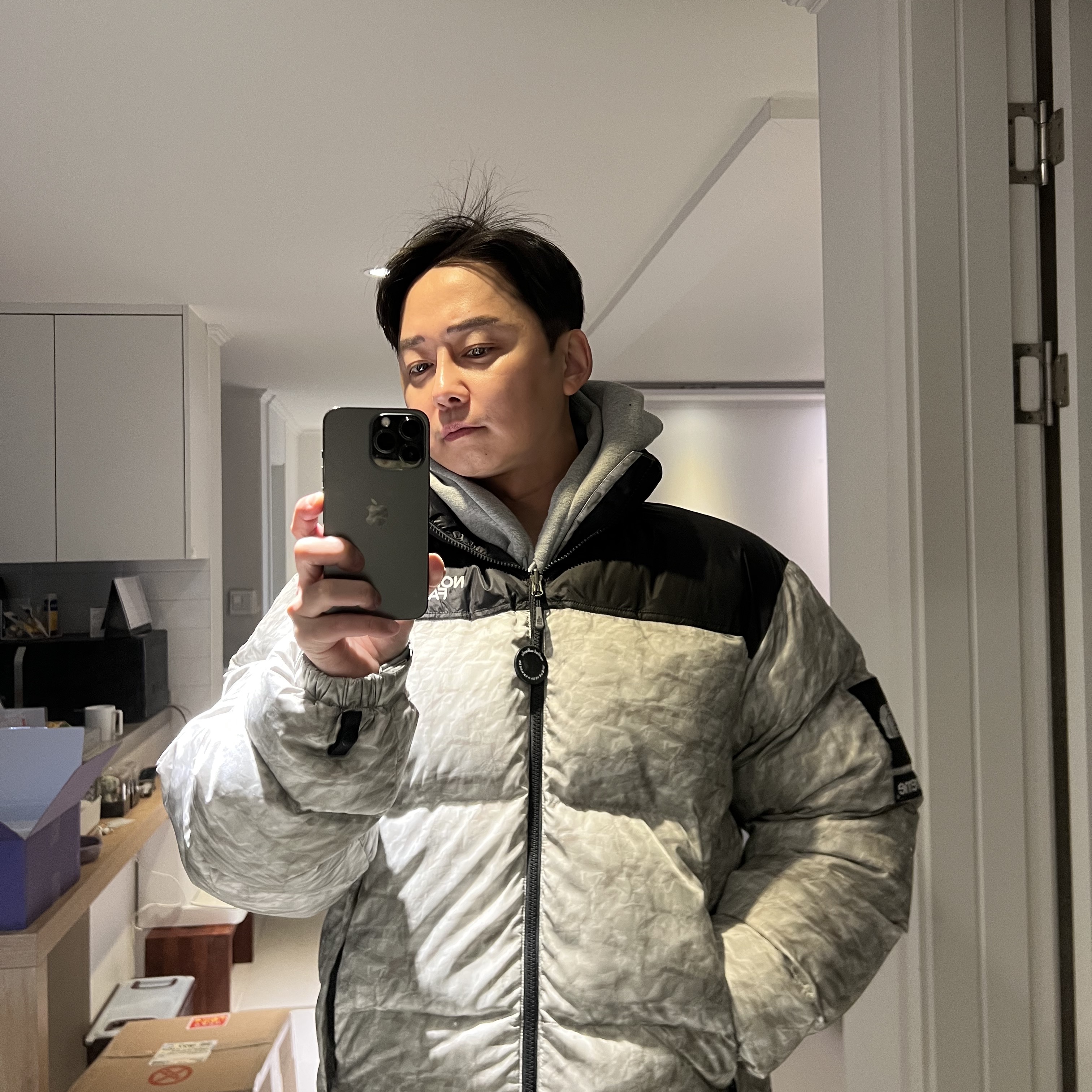 Supreme x The North Face Paper Print Nuptse Jacket - 19FW, Supreme Andre 3000 T-Shirt White - 22FW 착용 스타일 - 3