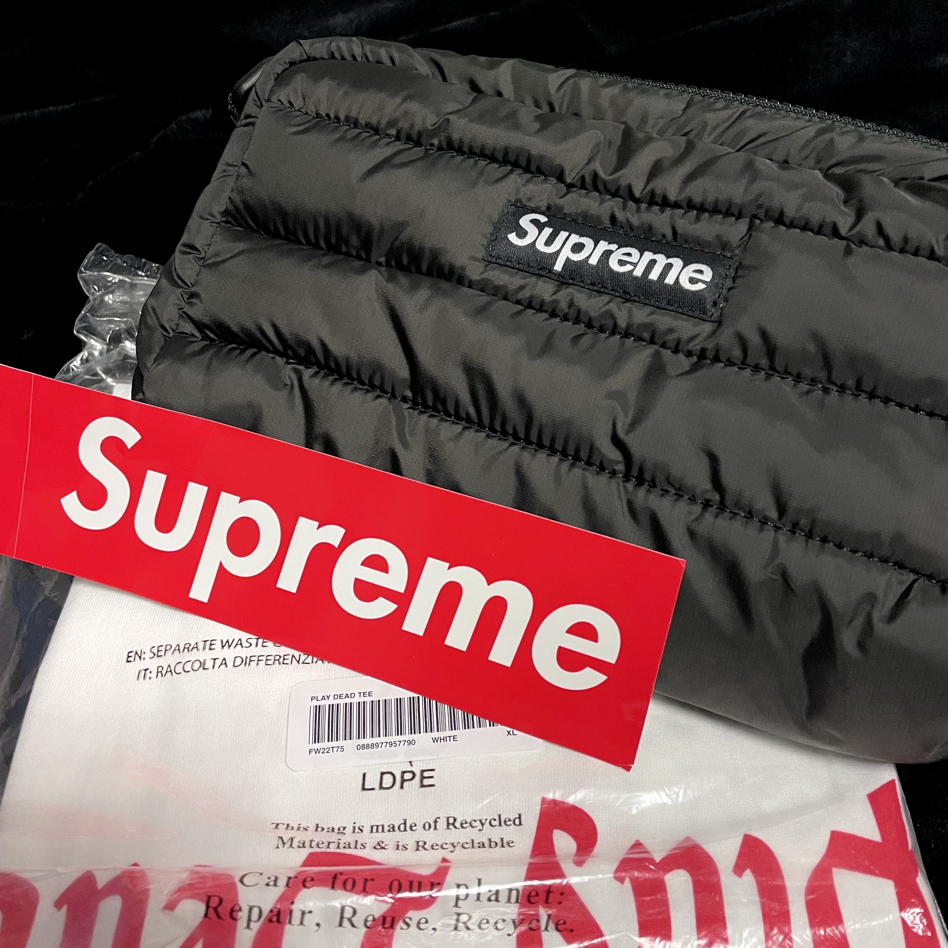 Supreme Puffer Side Bag Black - 22FW, Supreme Play Dead T-Shirt White - 22FW 착용 스타일