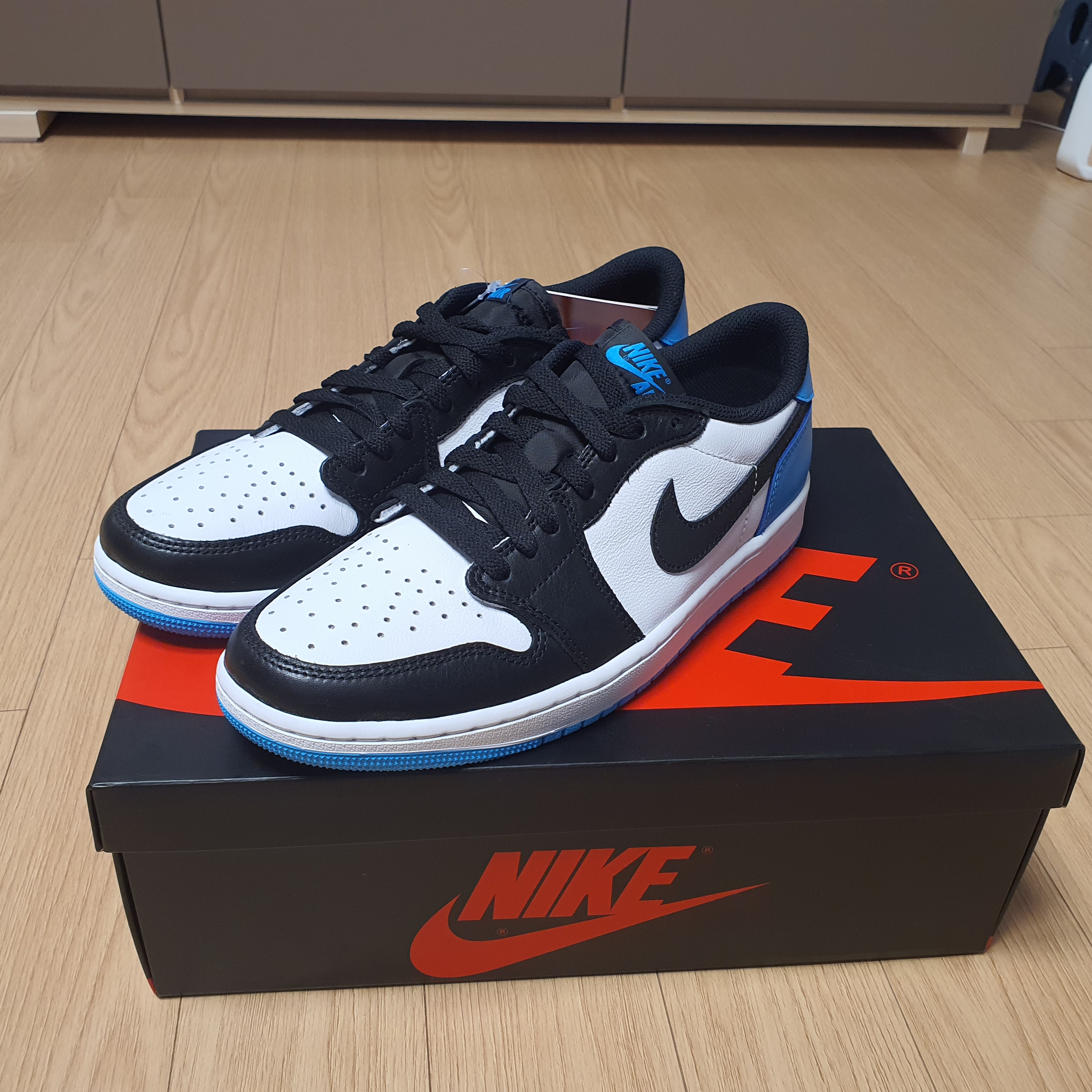 Jordan 1 Retro Low OG Black and Dark Powder Blue 착용 스타일 - 1