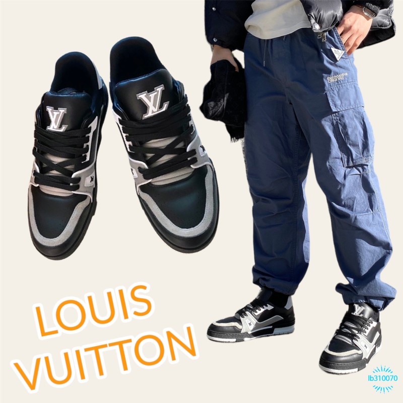 Louis Vuitton LV Trainer Sneakers Black, Louis Vuitton Monogram Classic Muffler Black 착용 스타일 - 1