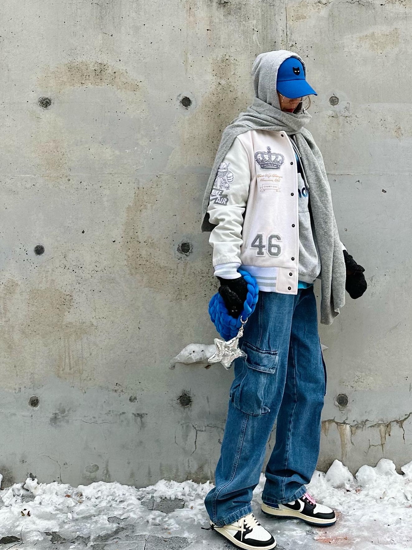 Jordan 1 x Travis Scott x Fragment Retro Low OG SP Military Blue, Isabel Marant Miley Hoodie Grey - 22SS 착용 스타일 - 1