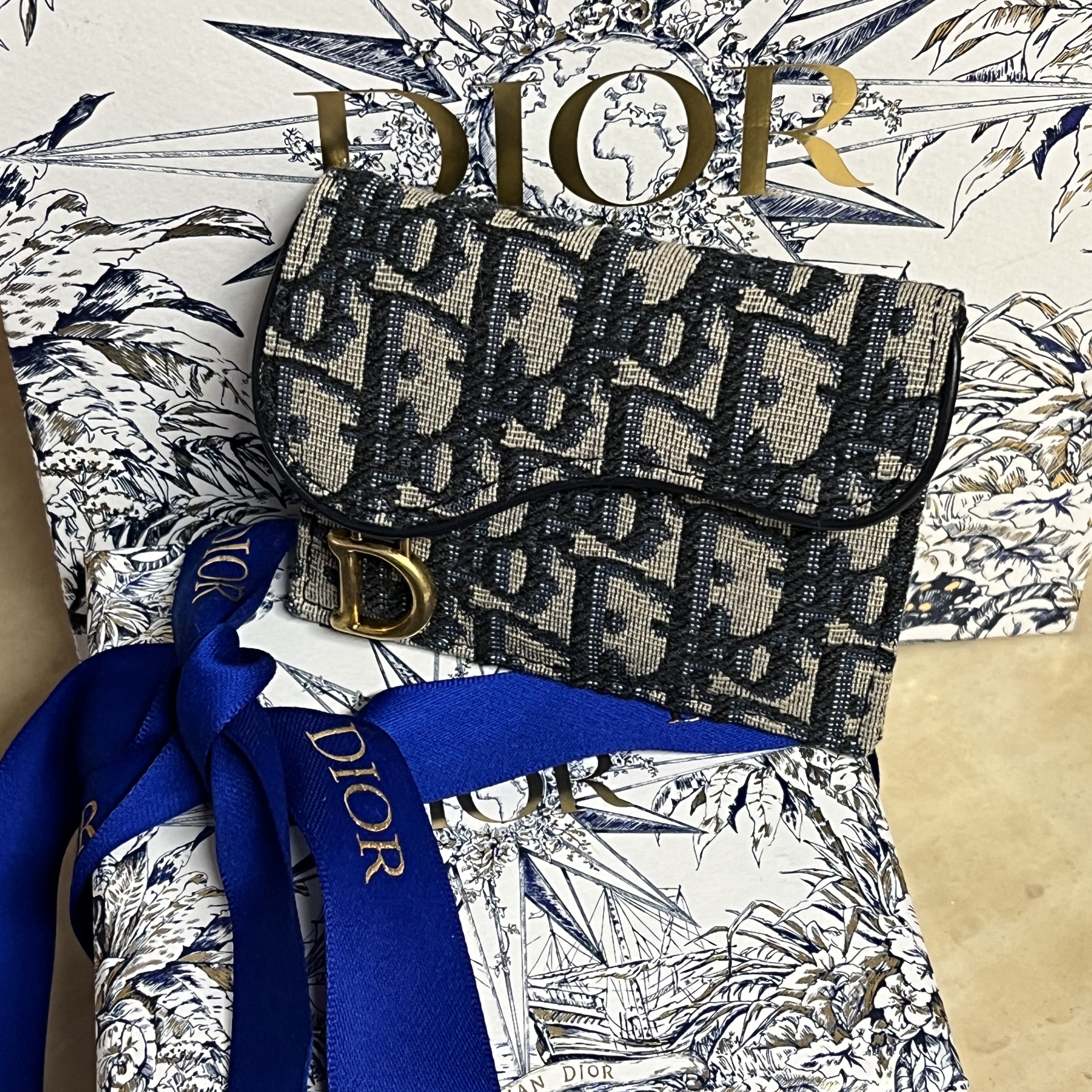 Dior Saddle Card Holder Blue Dior Oblique Jacquard 착용 스타일