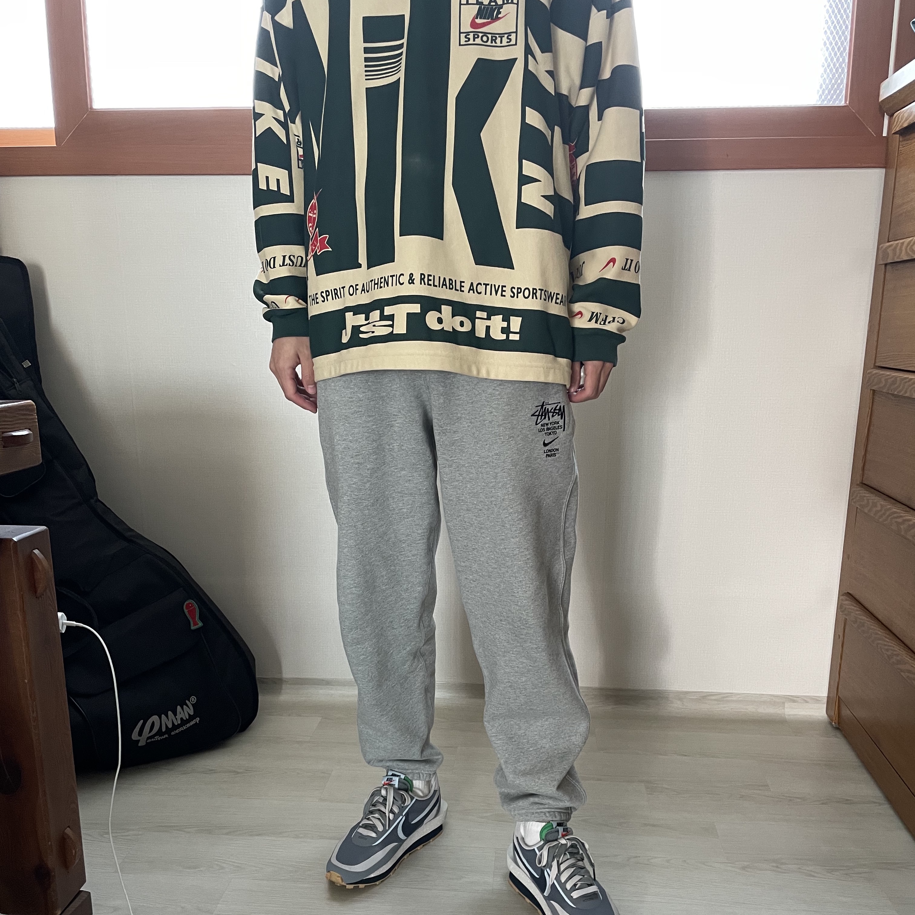 Nike x Cactus Plant Flea Market Long Sleeve Polo Natural - Asia, Nike x Stussy NRG ZR Fleece Pants Heather Grey - Asia 착용 스타일