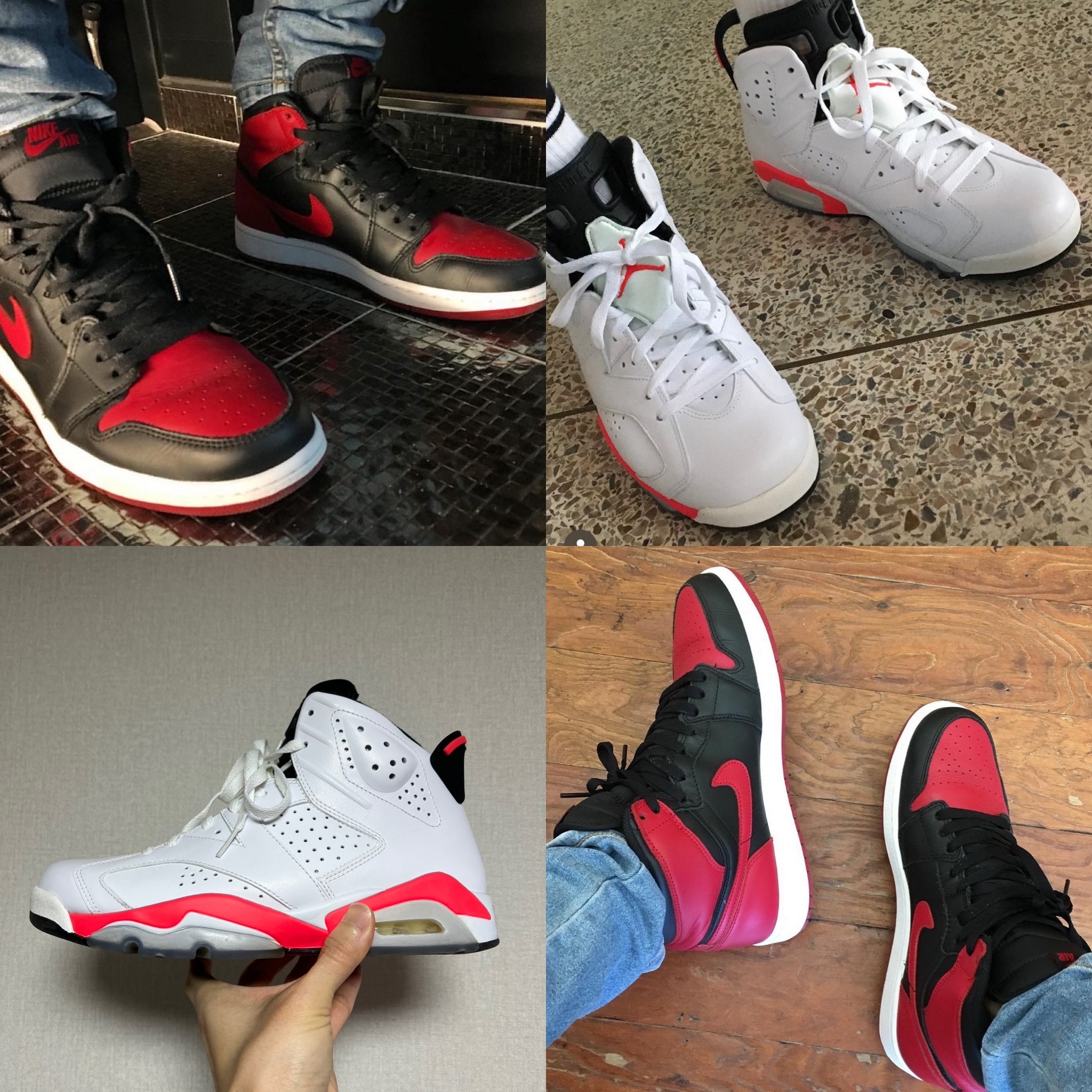 Jordan 1 Retro High OG Bred 2013, Jordan 6 Retro Infrared White 2014 착용 스타일