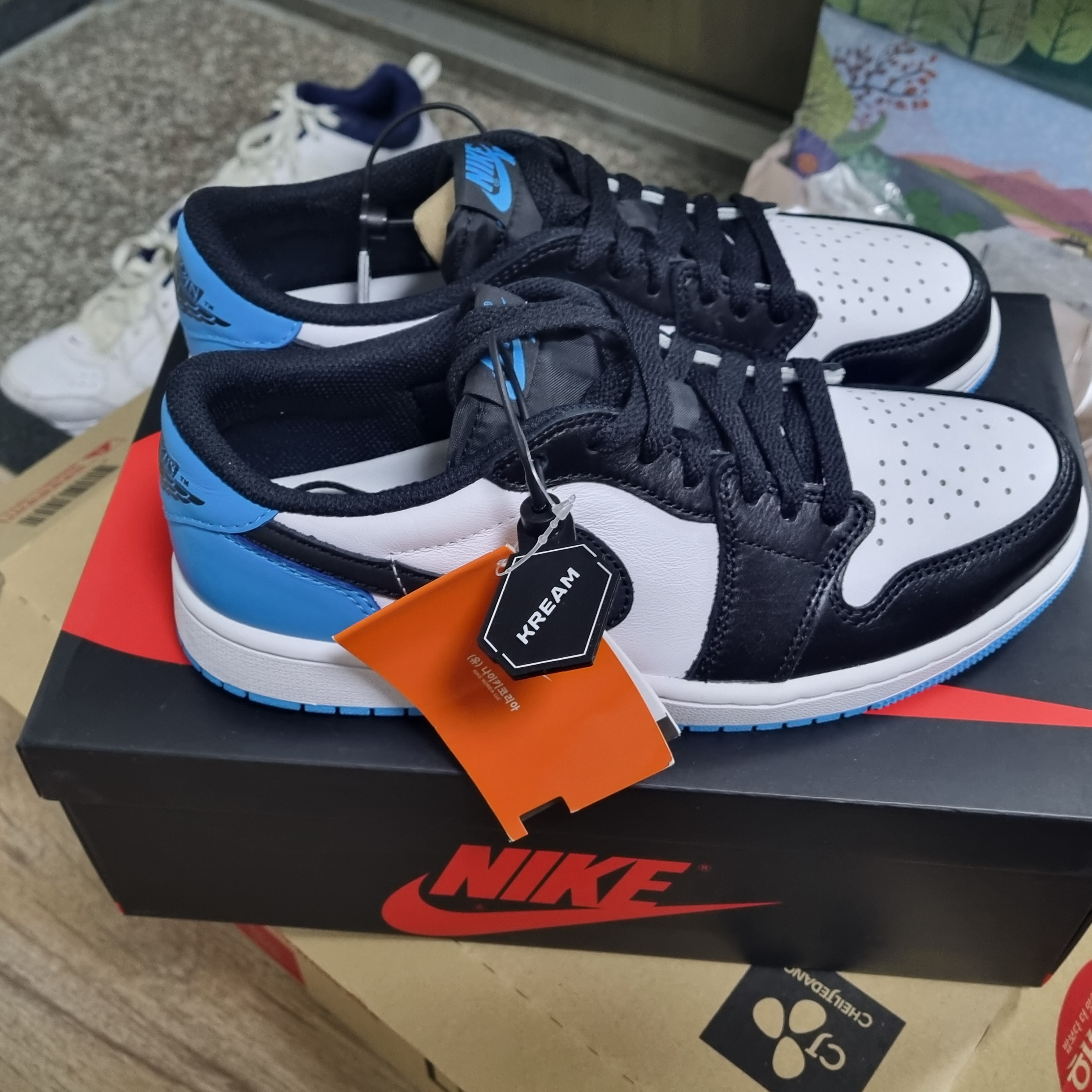 Jordan 1 Retro Low OG Black and Dark Powder Blue 착용 스타일 - 1