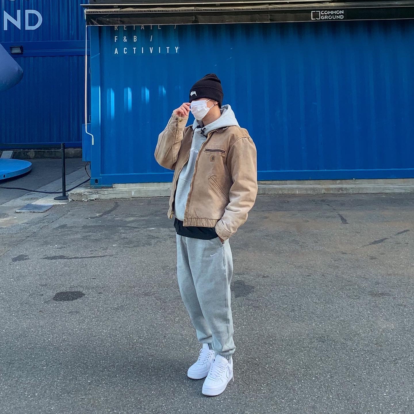 Nike x Stussy NRG Cuffed Beanie Black, Nike NRG Solo Swoosh Fleece Pants Dark Grey Heather - Asia 착용 스타일 - 3