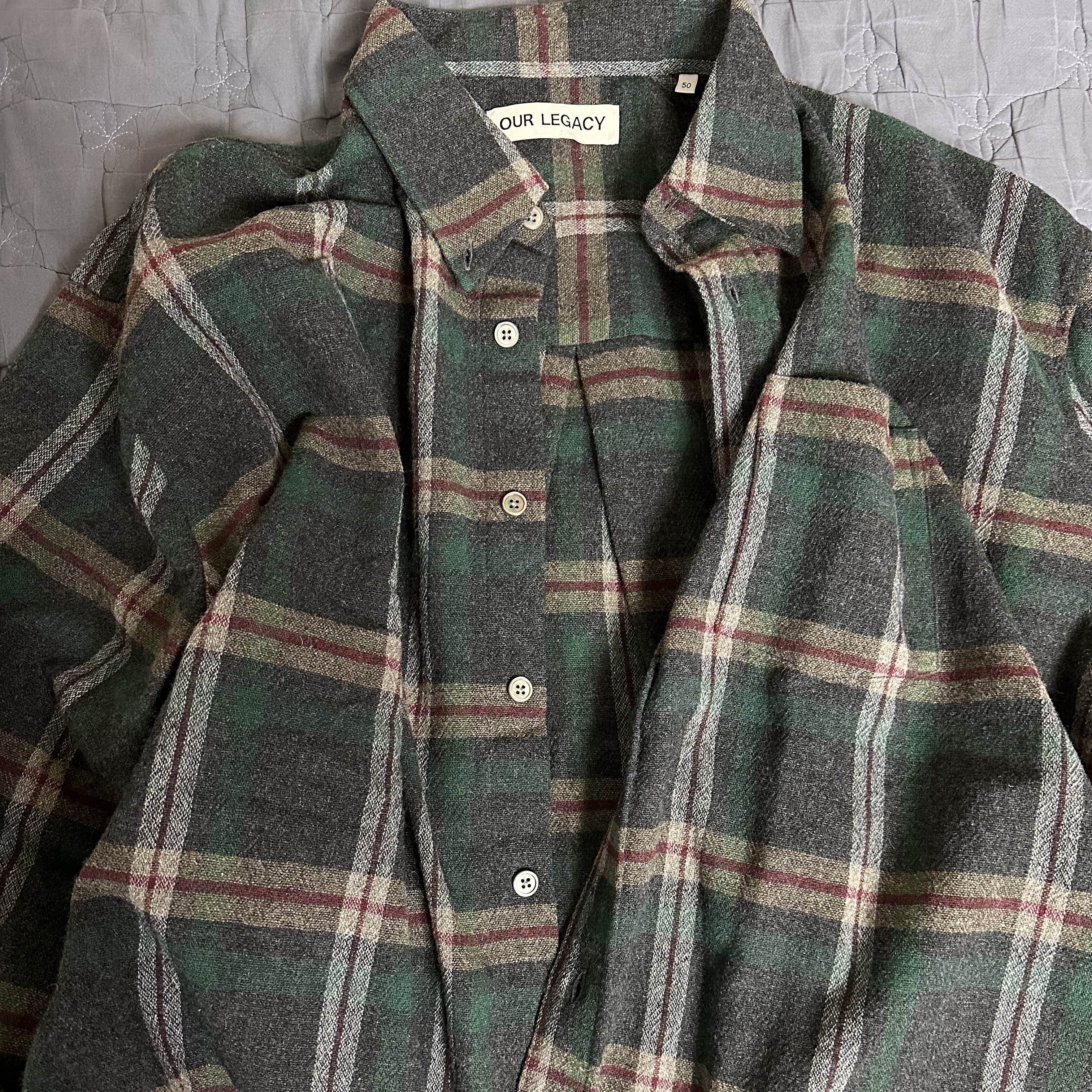 Our Legacy Borrowed BD Shirt Green Pub Check 착용 스타일
