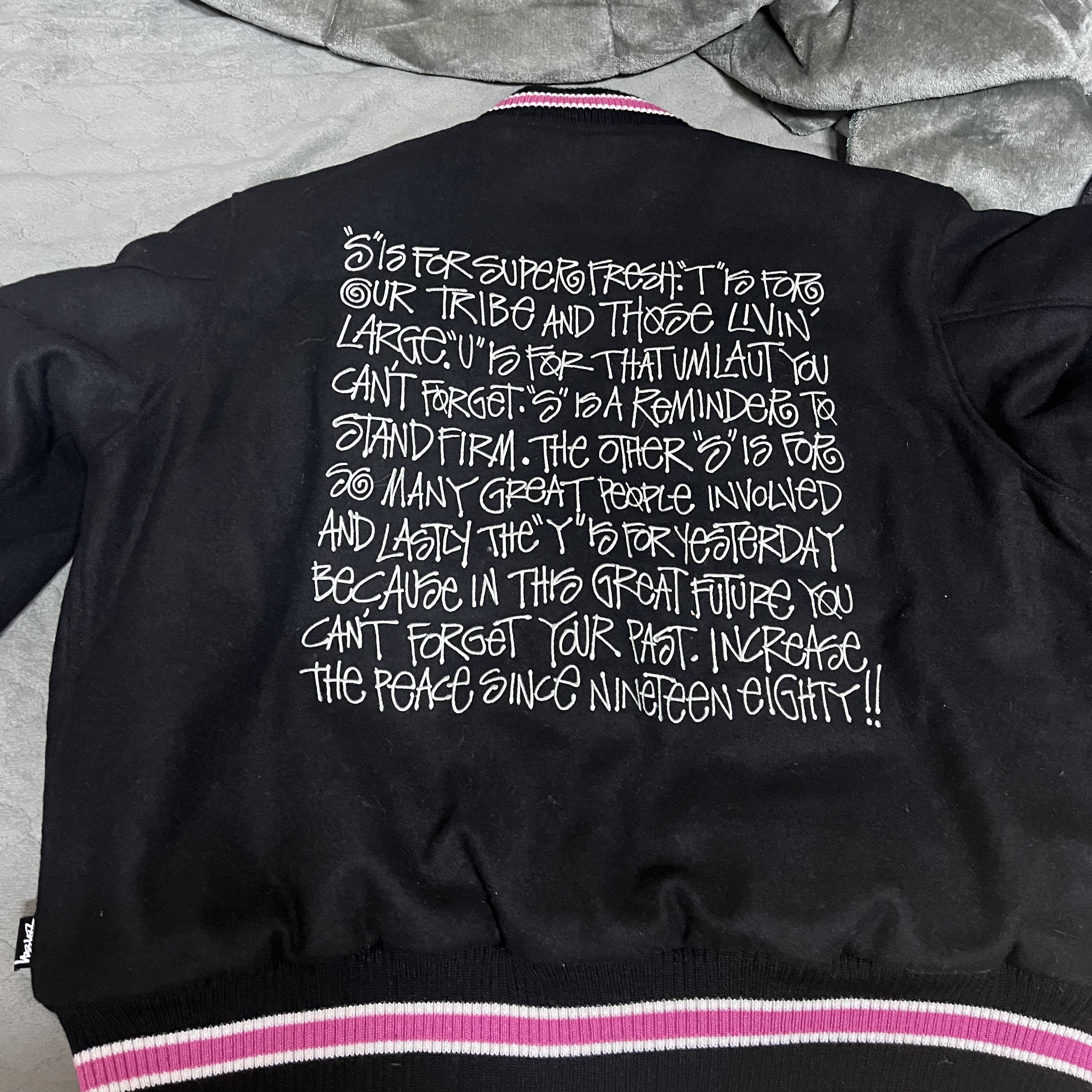 Stussy S Talk Melton Varsity Jacket Black 착용 스타일