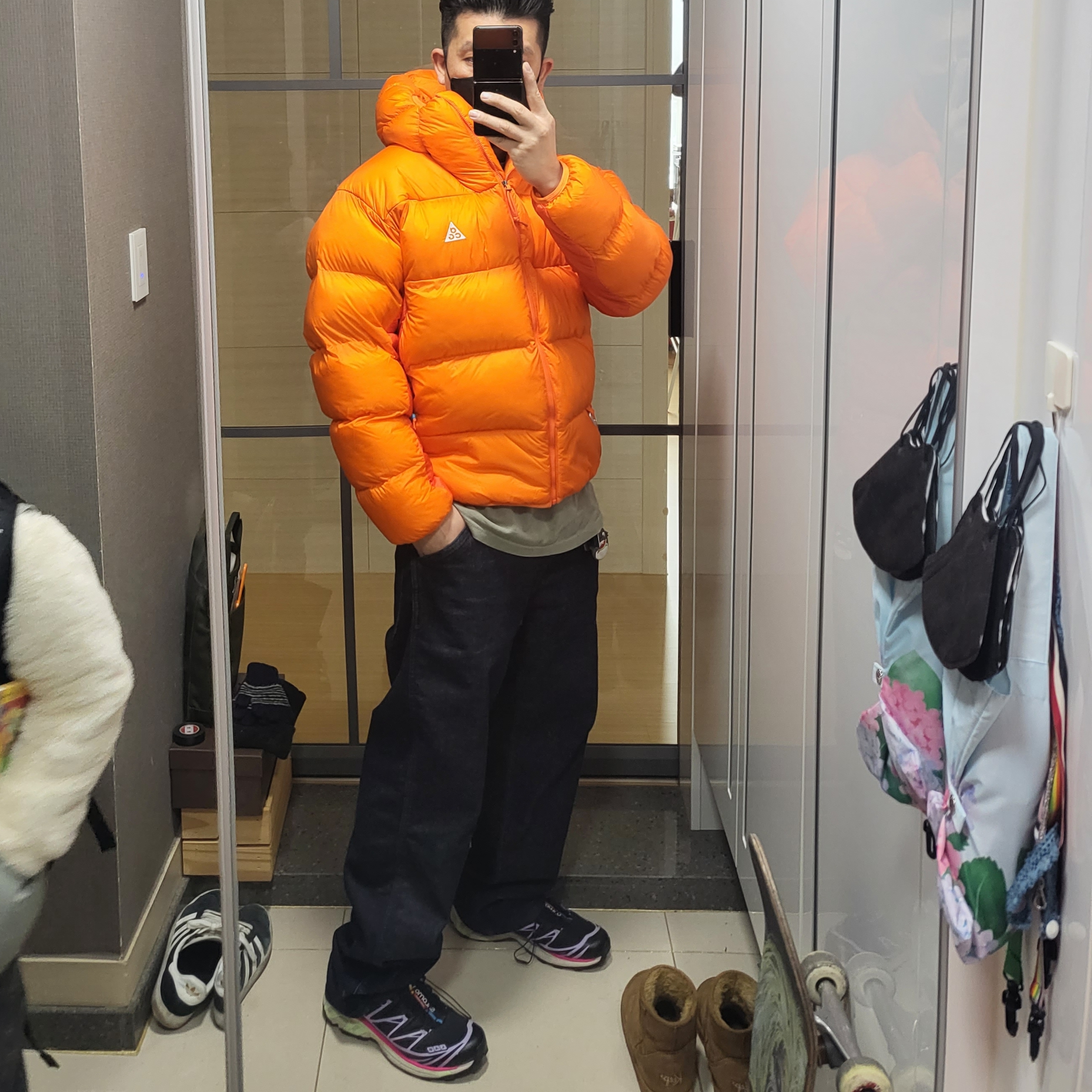 Nike ACG Therma-Fit ADV Lunar Lake Puffer Jacket Safety Orange - Asia, Salomon XT-6 Black Lavender 착용 스타일