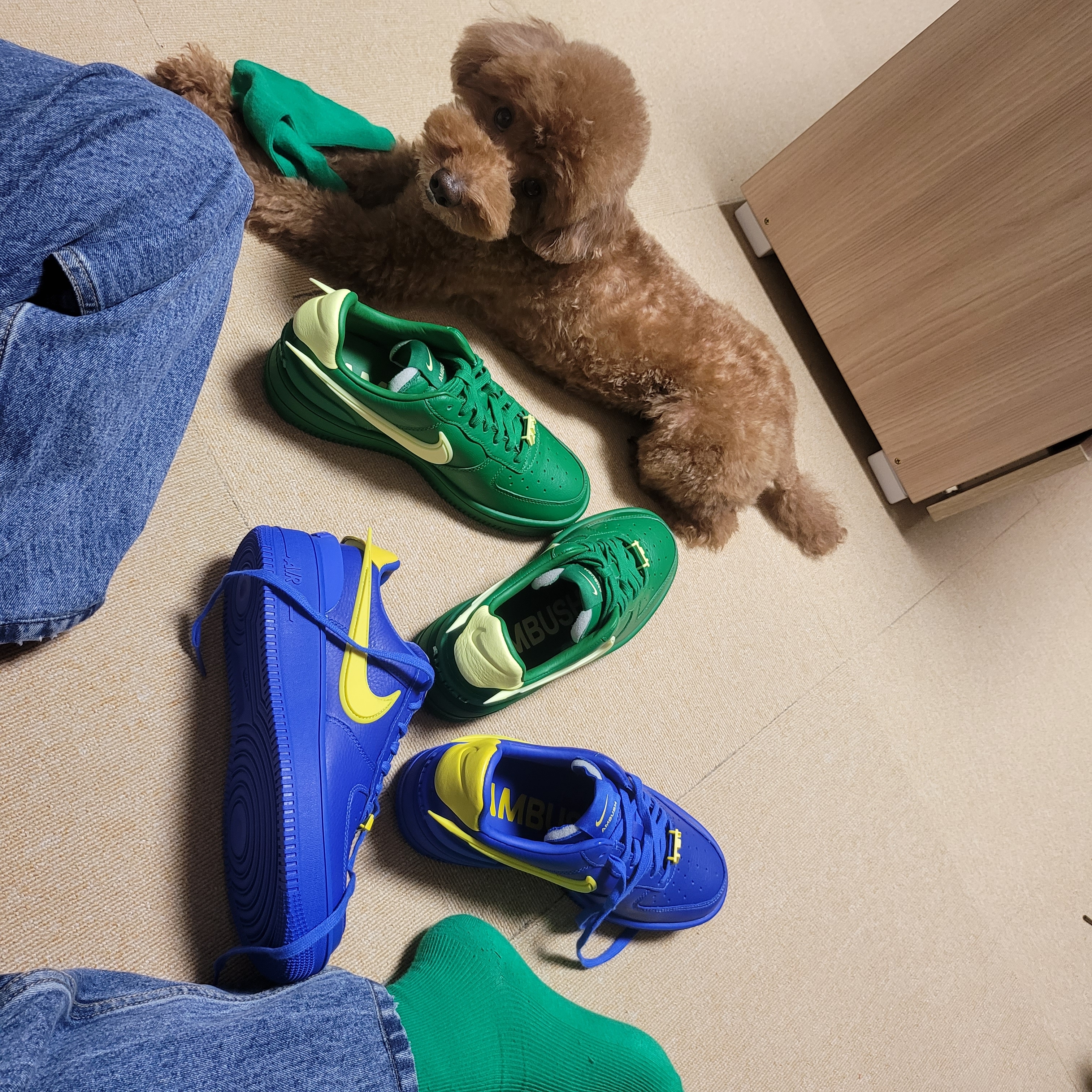 Nike x Ambush Air Force 1 Low SP Pine Green and Citron, Nike x Ambush Air Force 1 Low SP Game Royal and Vivid Sulfur 착용 스타일