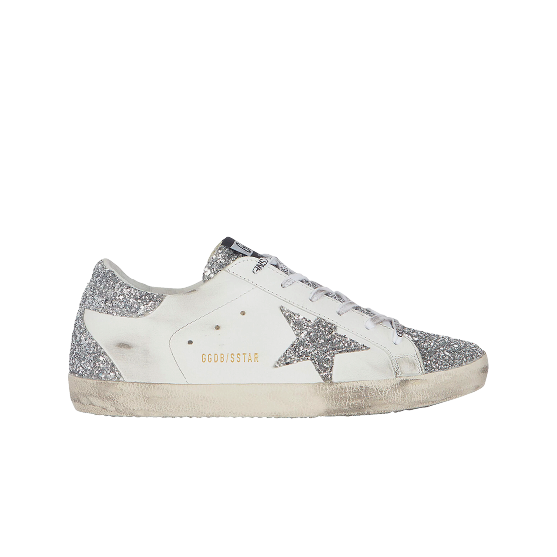 GWF00102-F000144-80185 (W) Golden Goose Superstar White Glitter Silver Heel Tab Sneakers
