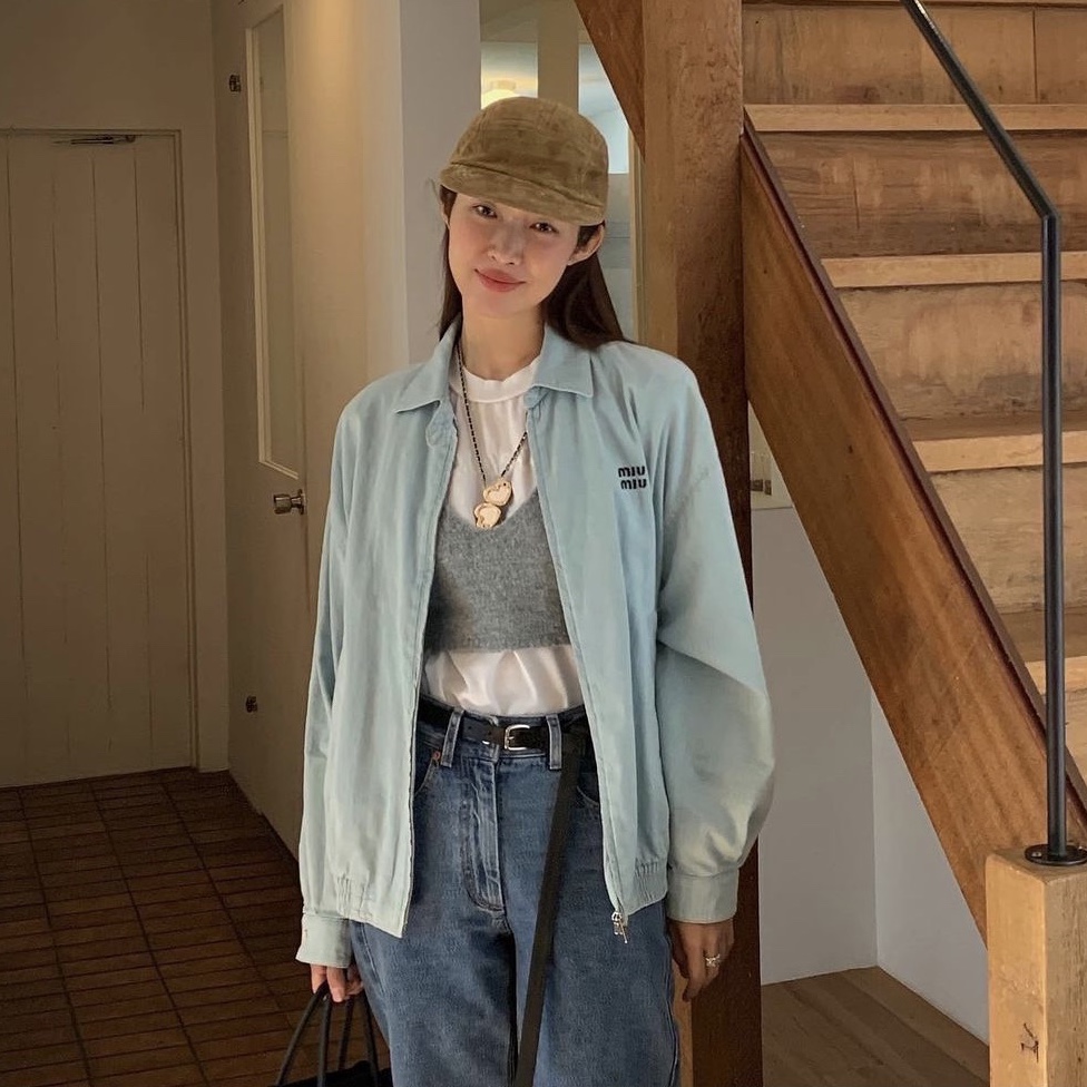 (W) Miu Miu Chambray Blouson Jacket Light Blue 착용 스타일 - 1