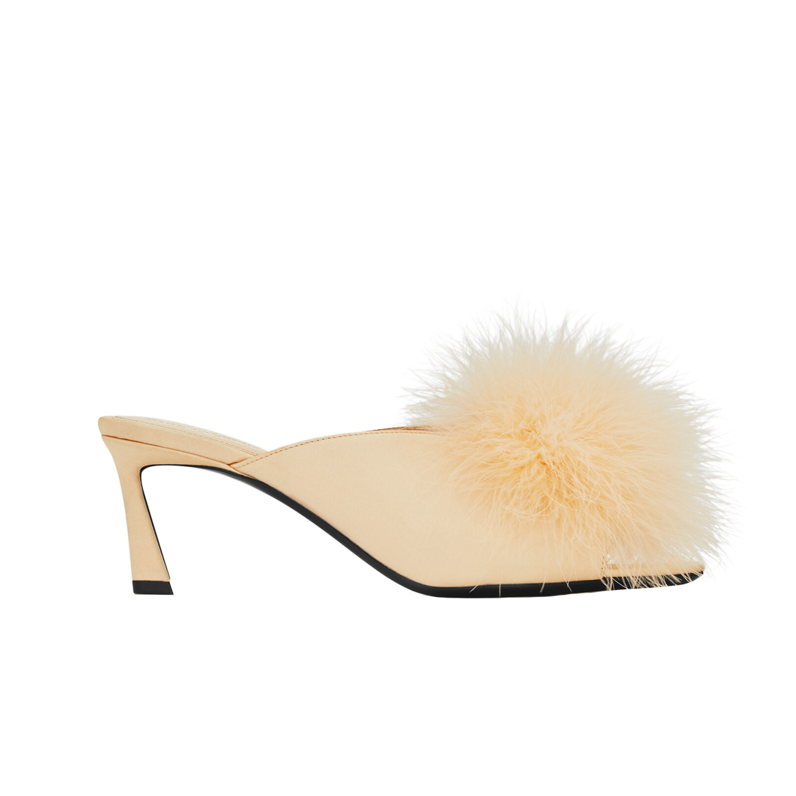 (W) 생로랑 크레이프 사틴 페더 메이 뮬 소프트 누드((W) Saint Laurent Mae Mules in Crepe Satin with Feathers Soft Nude) - 1