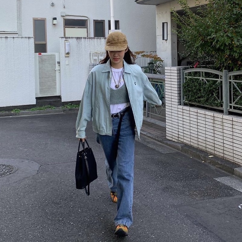 (W) Miu Miu Chambray Blouson Jacket Light Blue 착용 스타일 - 3