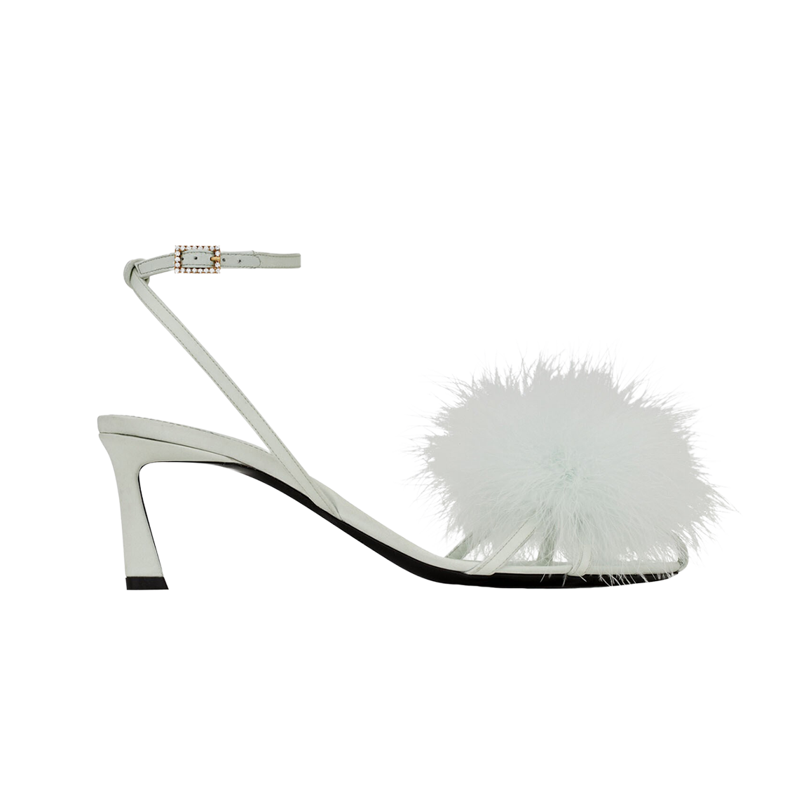 (W) 생로랑 크레이프 사틴 페더 메이 뮬 슬라이트 그린((W) Saint Laurent Mae Mules in Crepe Satin with Feathers Slight Green) - 1