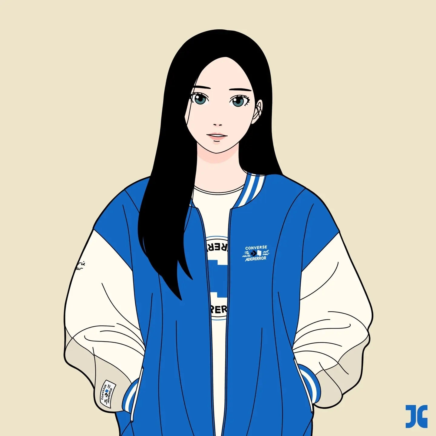 Converse x Ader Error Shapes Varsity Jacket Cobalt, Converse x Ader Error Shapes T-Shirt Cloud Dancer 착용 스타일