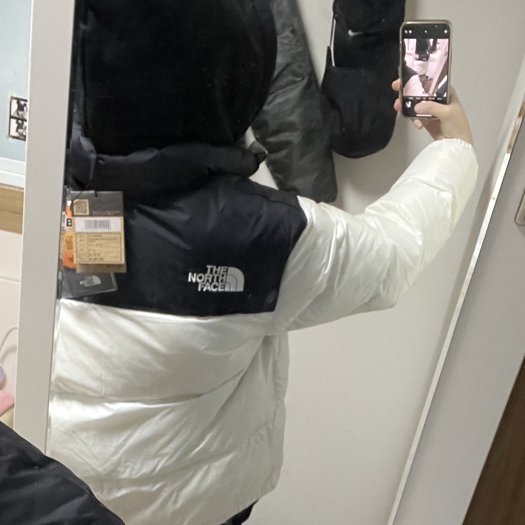 (W) The North Face Nuptse Hybrid Down Ball Jacket Ivory 착용 스타일 - 2