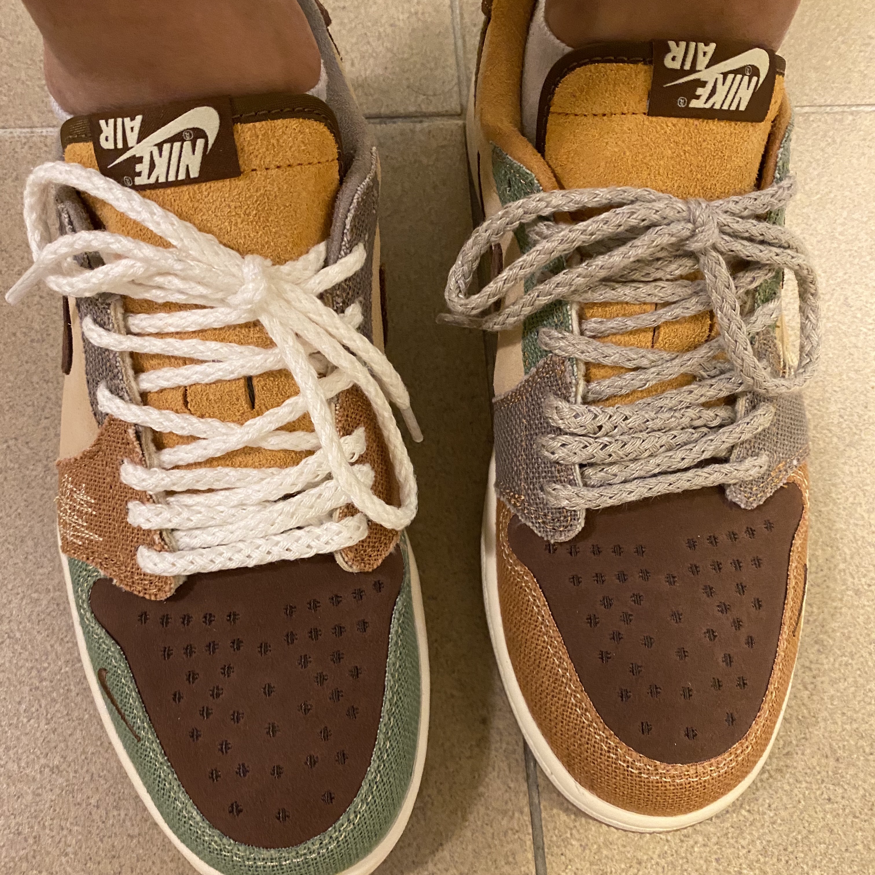 Jordan 1 x Zion Williamson Retro Low OG Flax and Oil Green 착용 스타일 - 1