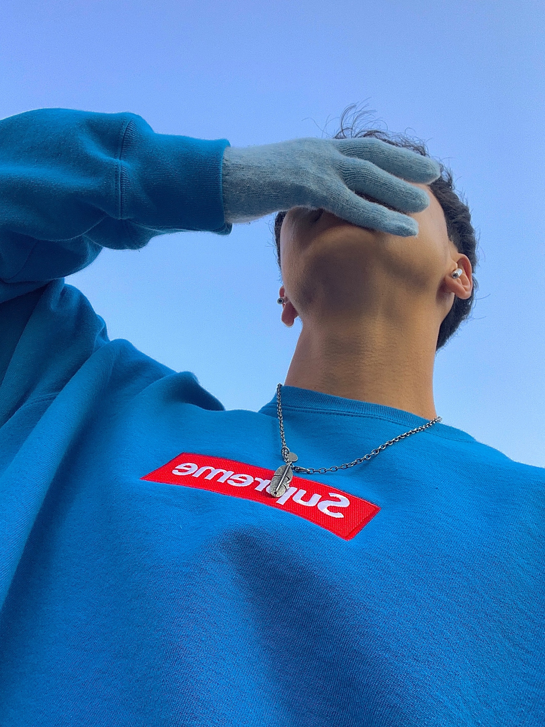 Supreme Box Logo Crewneck Blue - 22FW 착용 스타일 - 1