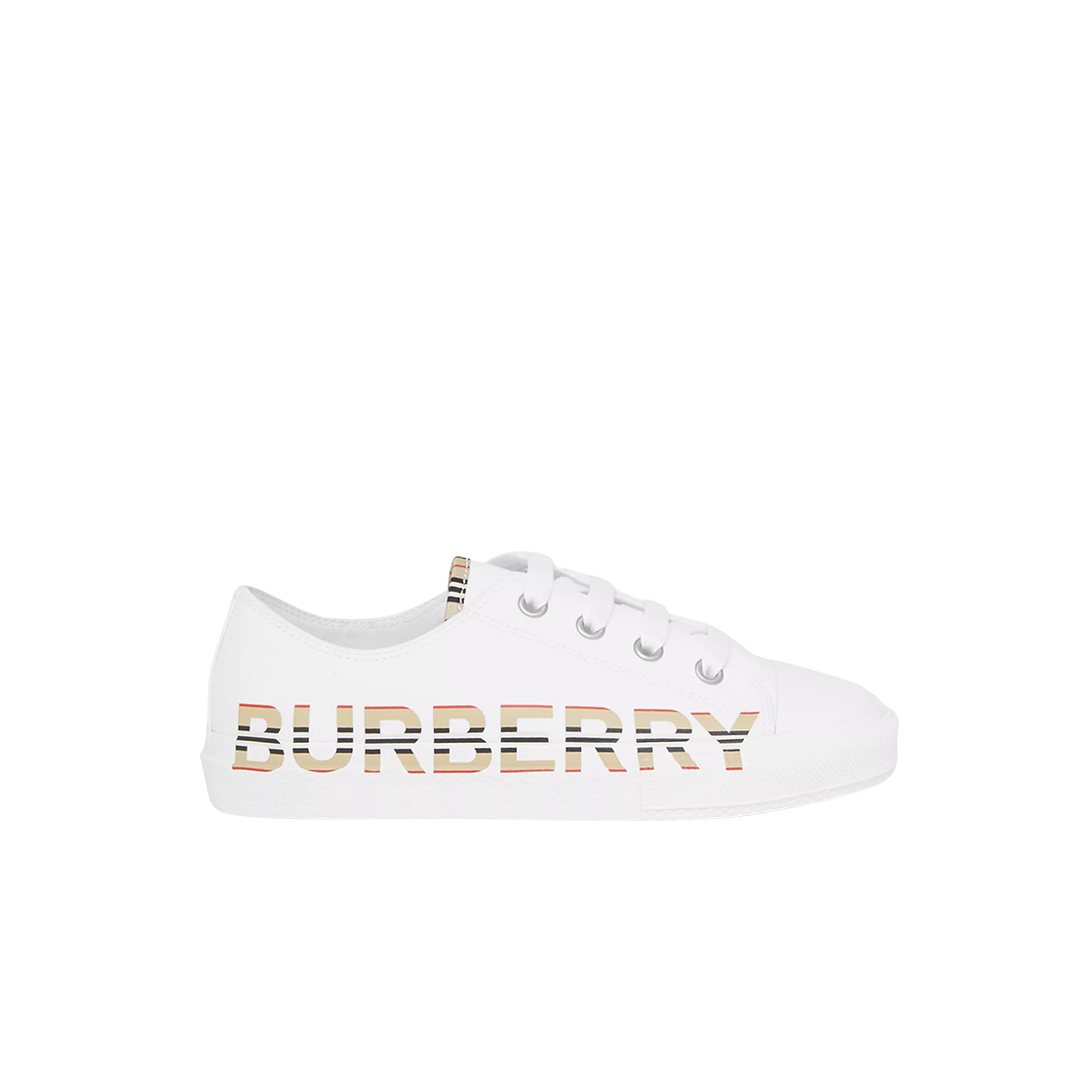 (키즈) 버버리 아이콘 스트라이프 로고 프린트 개버린 스니커즈 옵틱 화이트((Kids) Burberry Icon Stripe Logo Print Cotton Gabardine Sneakers Optic White) - 1