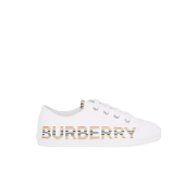 (Kids) Burberry Icon Stripe Logo Print Cotton Gabardine Sneakers Optic White