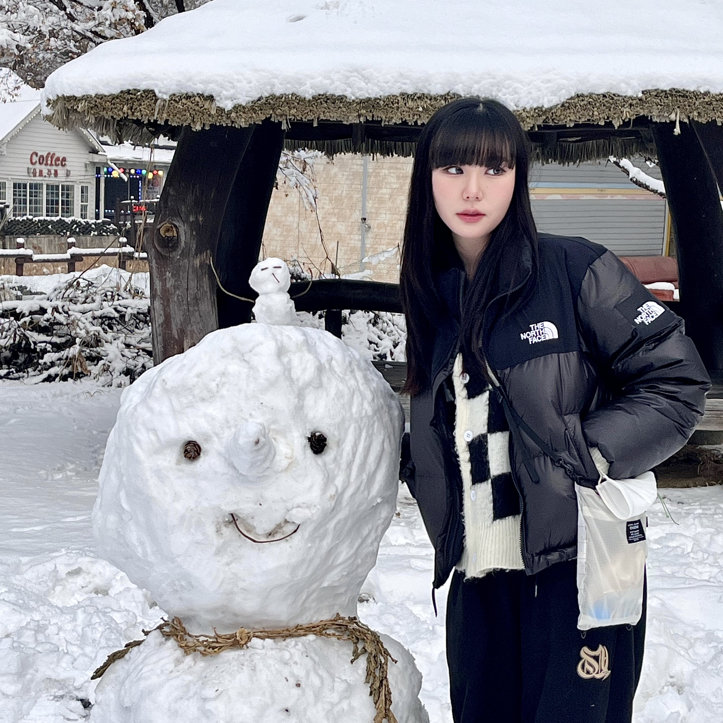 (W) The North Face White Label Novelty Nuptse Down Jacket Black 착용 스타일 - 2