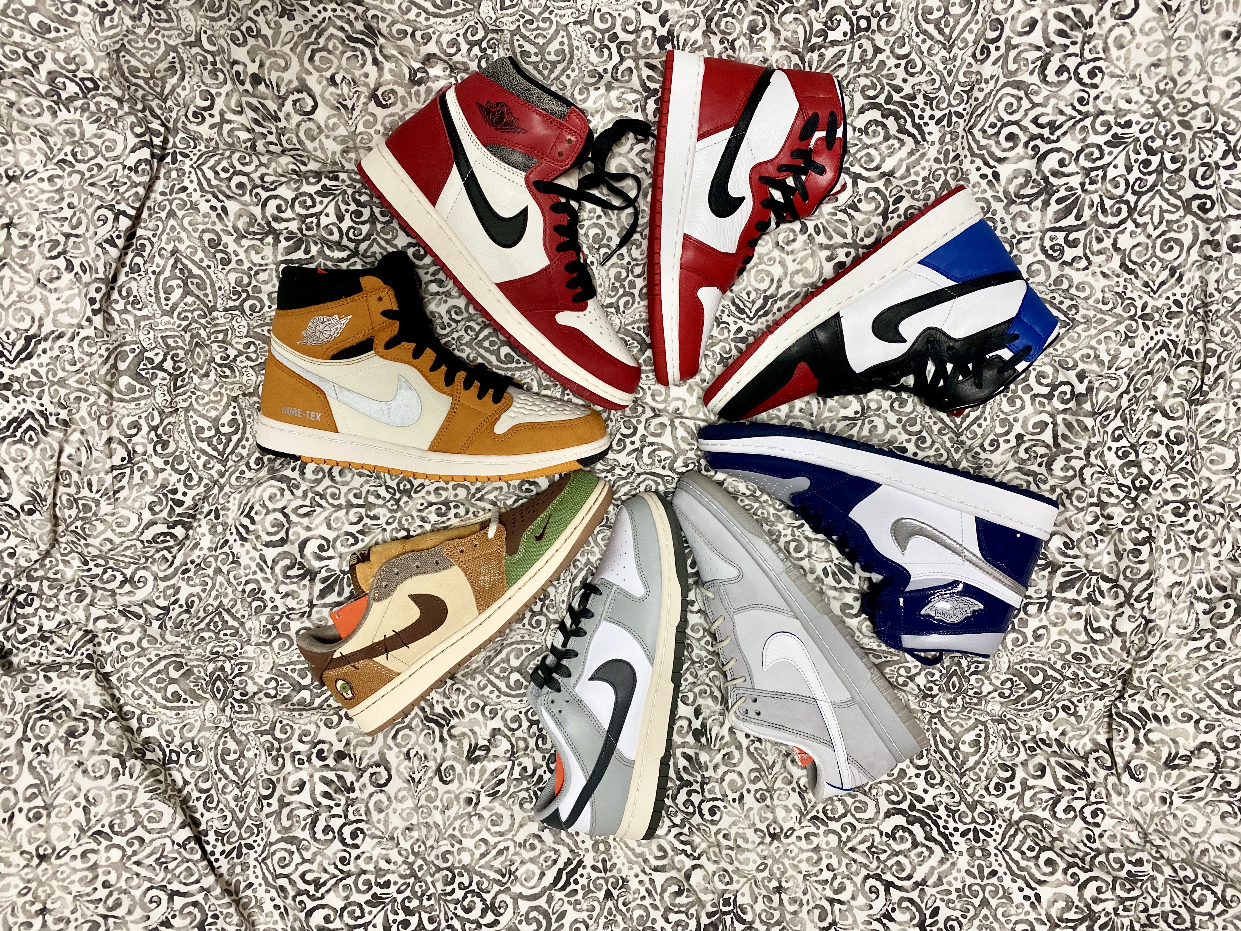Jordan 1 Retro High OG Chicago 2022, Jordan 1 x Zion Williamson Retro Low OG Flax and Oil Green 착용 스타일