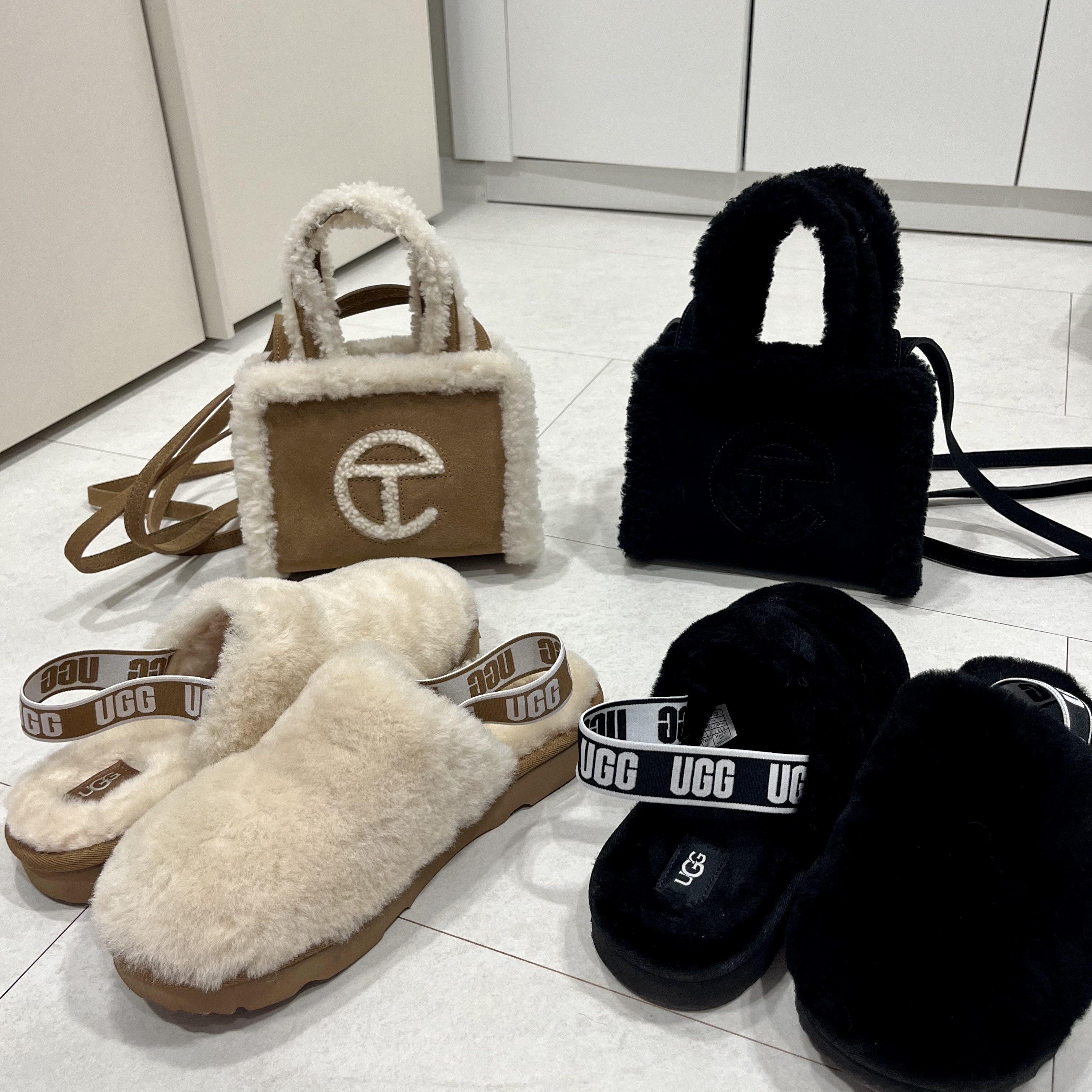 Telfar x UGG Small Shopping Bag Chestnut, Telfar x UGG Small Shopping Bag Black 착용 스타일