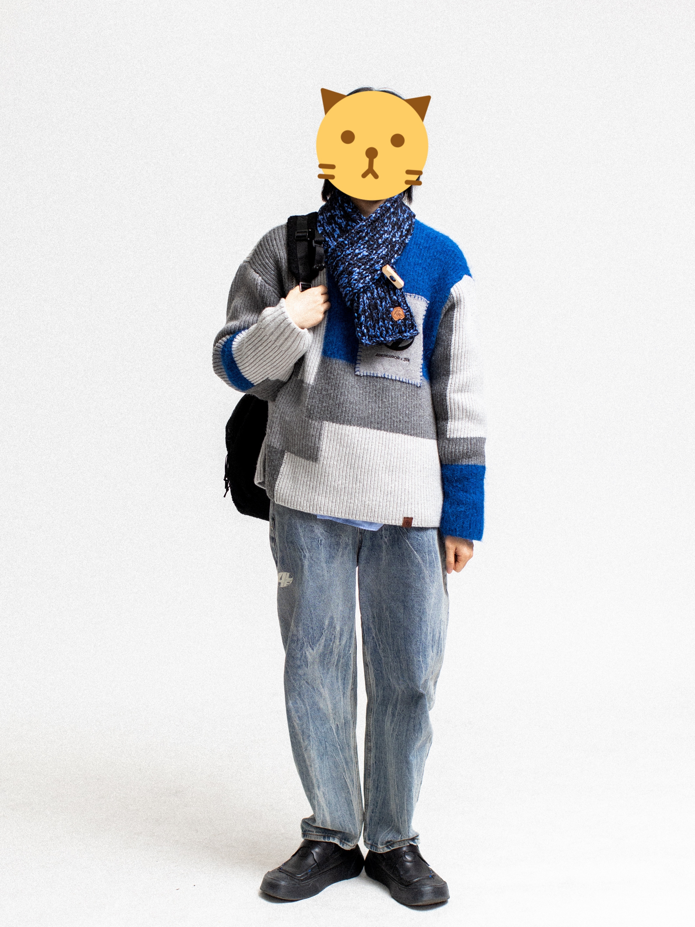 Zara x Ader Error Patchwork Oversize Knit Sweater Multicolor, Camper x Ader Error Proto-743-S Black Leather Shoes 착용 스타일 - 1