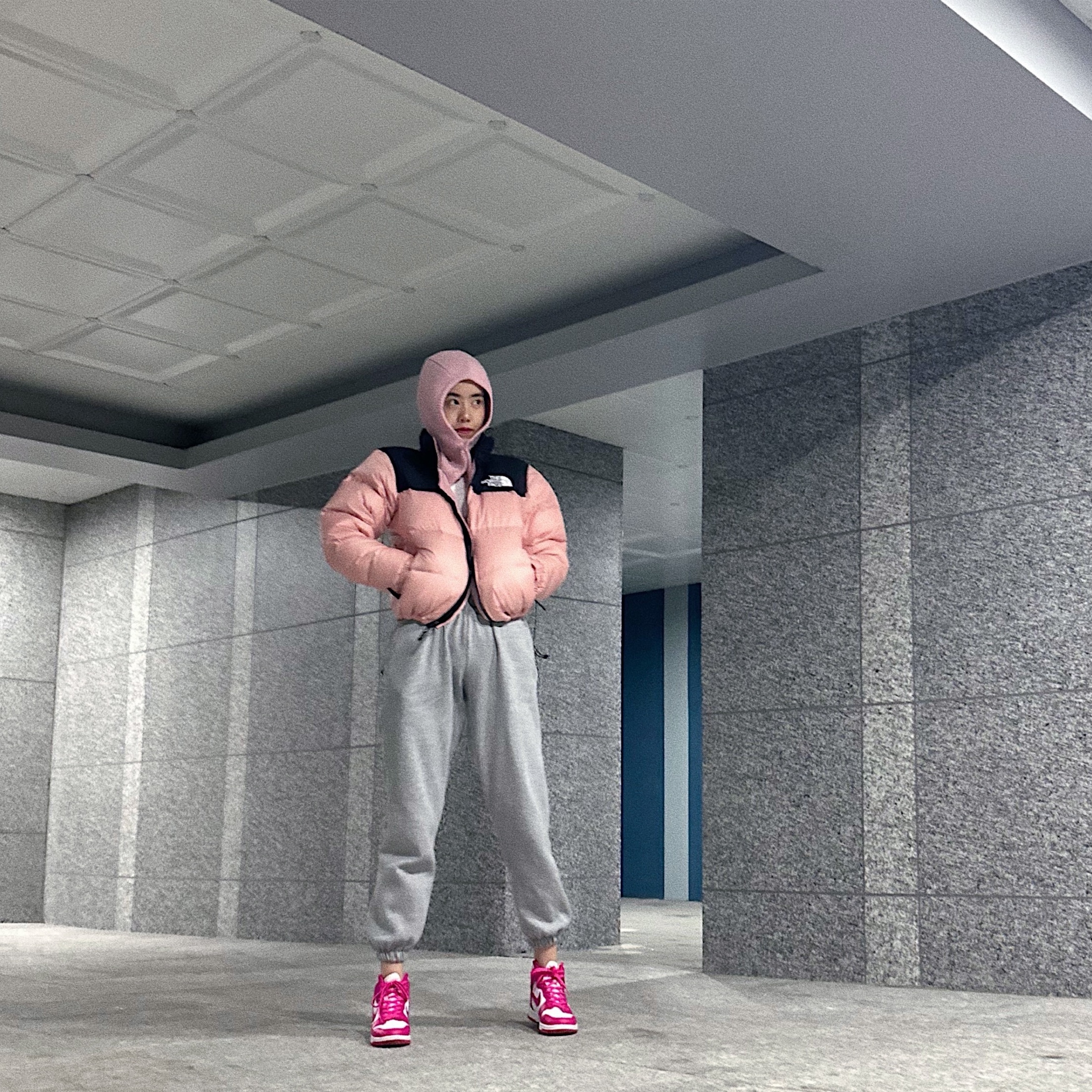 (W) The North Face 1996 Eco Nuptse Jacket Dusty Rose, (W) Nike Dunk High Pink Prime 착용 스타일 - 3