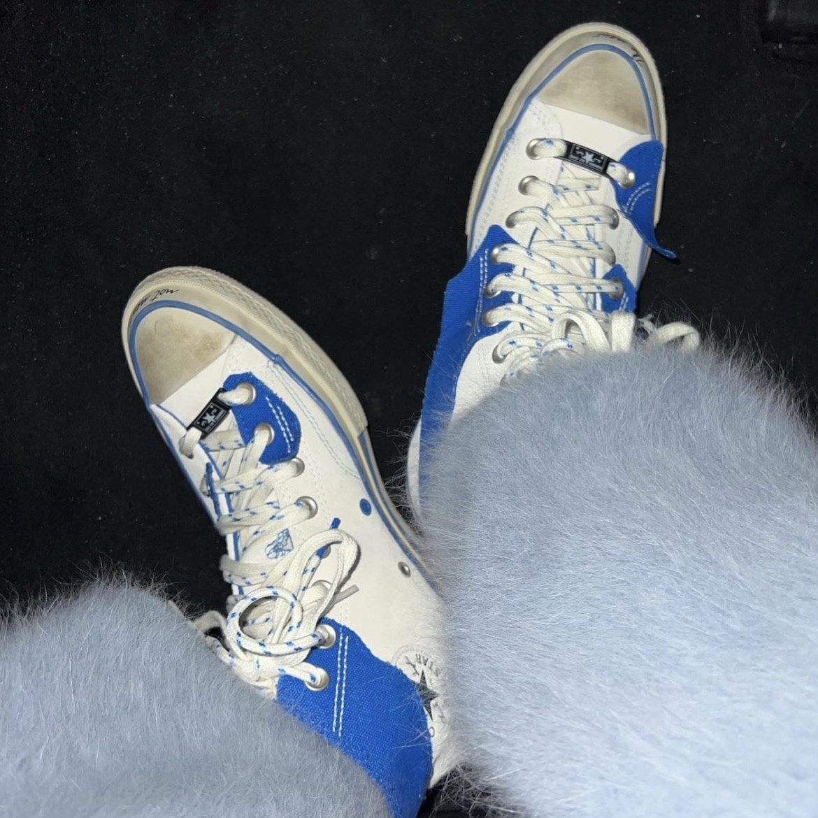 Converse x Ader Error Chuck 70 High White, Converse x Ader Error Shapes Varsity Jacket Cobalt 착용 스타일 - 1