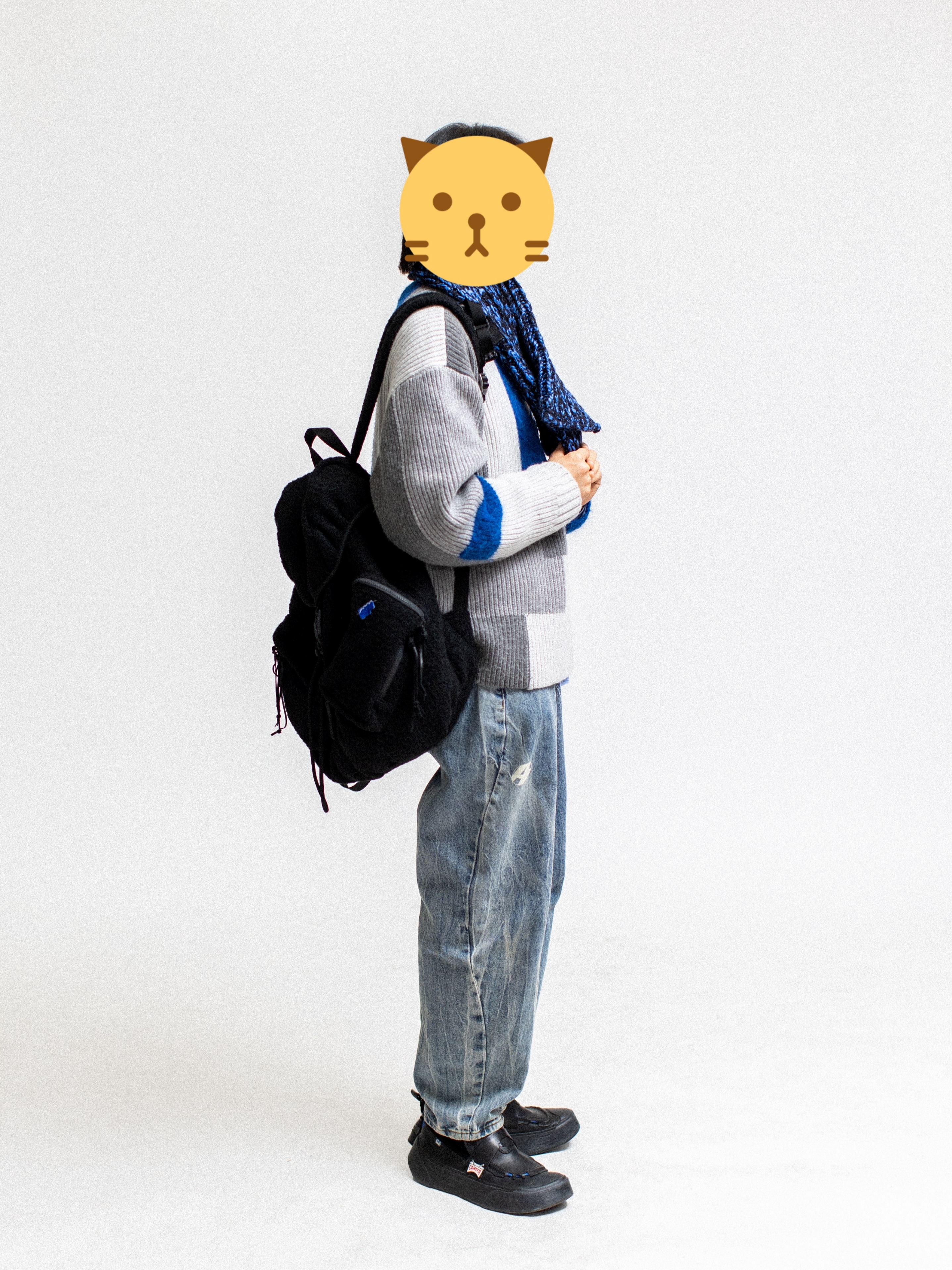 Zara x Ader Error Patchwork Oversize Knit Sweater Multicolor, Camper x Ader Error Proto-743-S Black Leather Shoes 착용 스타일 - 2