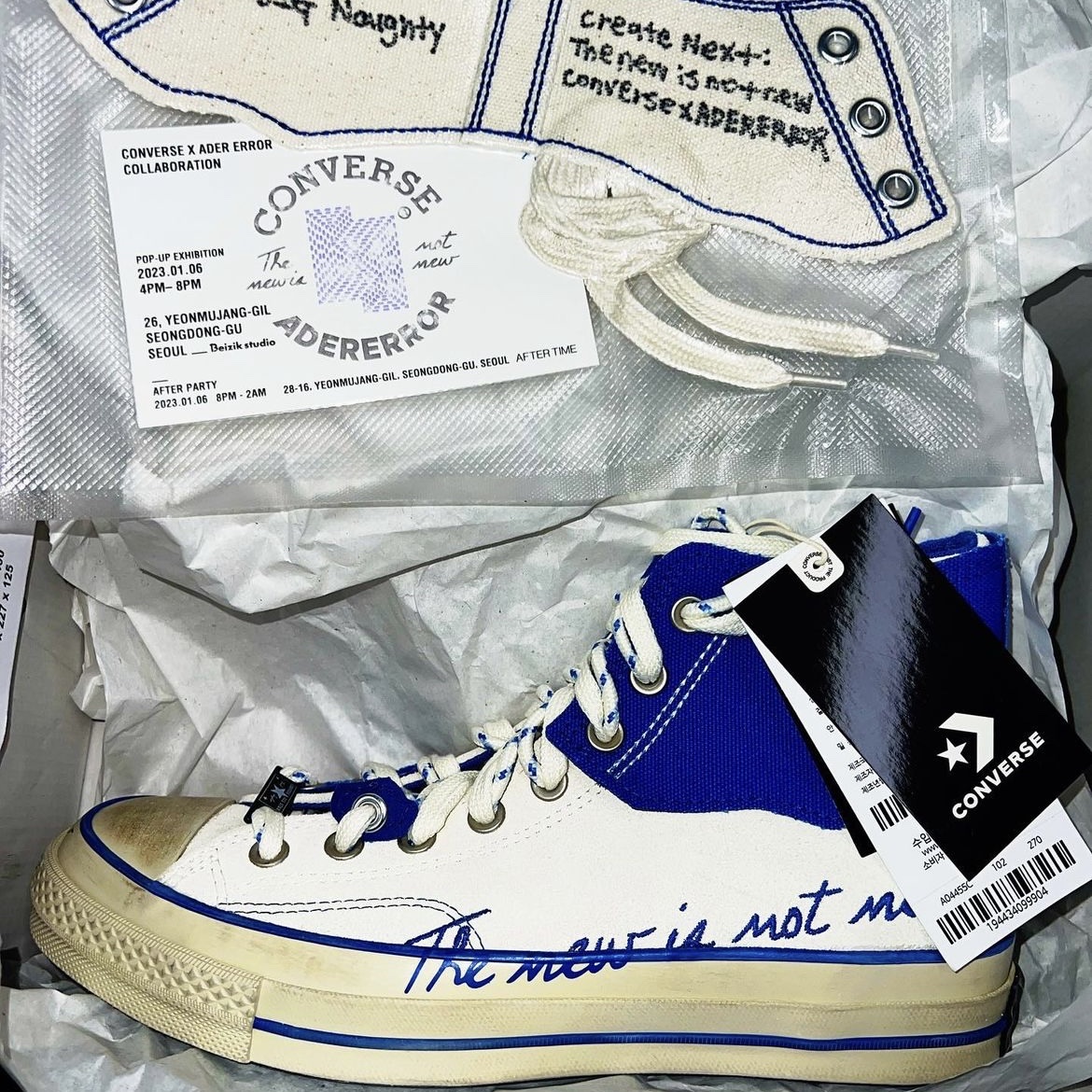 Converse x Ader Error Chuck 70 High White, Converse x Ader Error Shapes Varsity Jacket Cobalt 착용 스타일 - 2