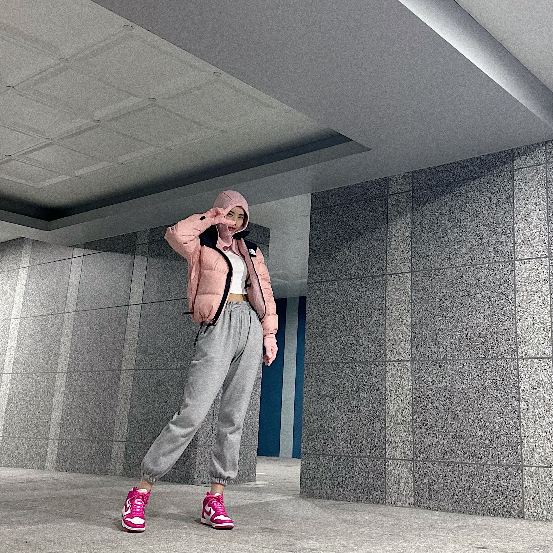 (W) The North Face 1996 Eco Nuptse Jacket Dusty Rose, (W) Nike Dunk High Pink Prime 착용 스타일 - 1