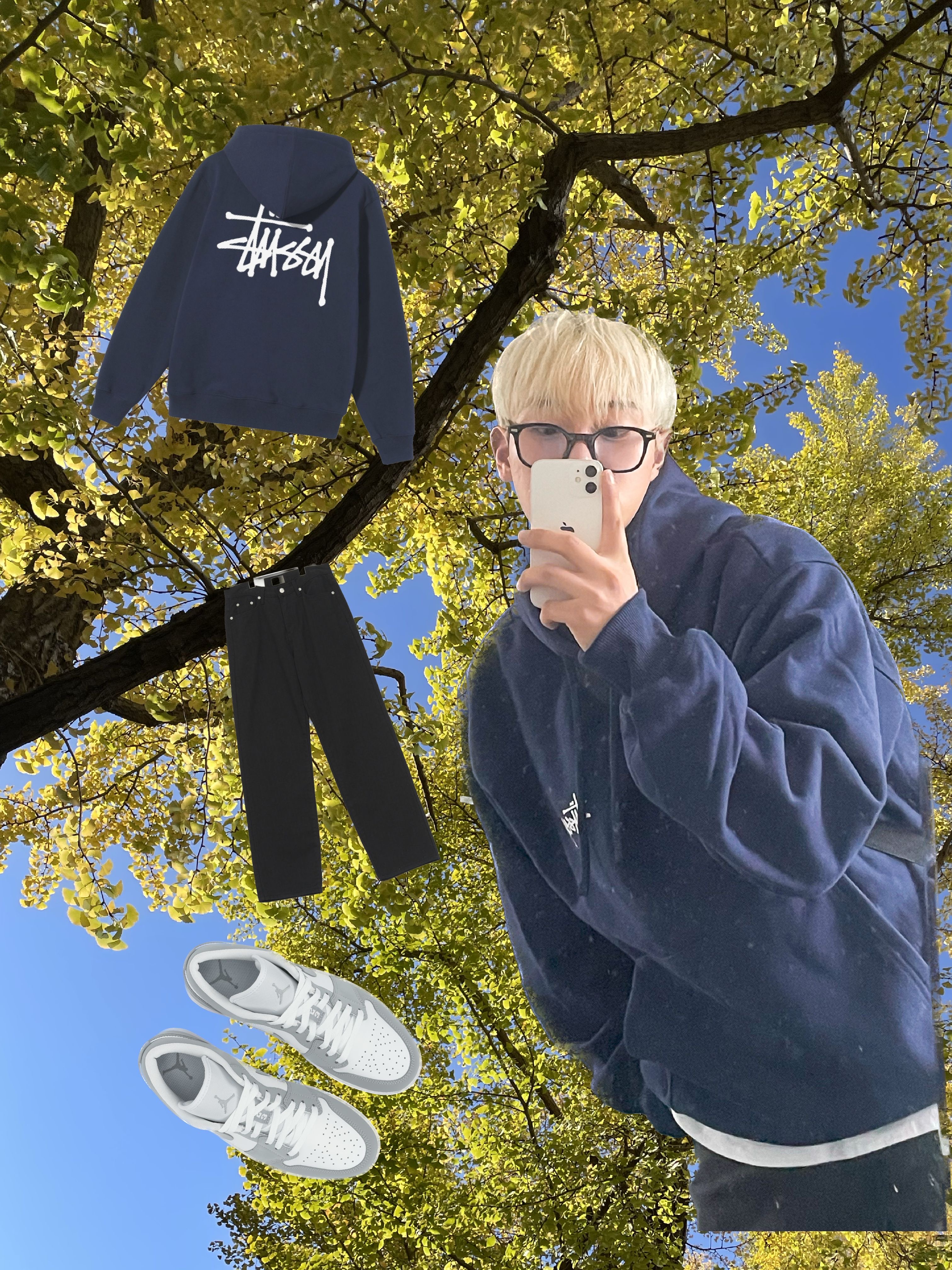 Stussy Basic Stussy Hoodie Navy 2022, (W) Jordan 1 Low White Wolf Grey 착용 스타일