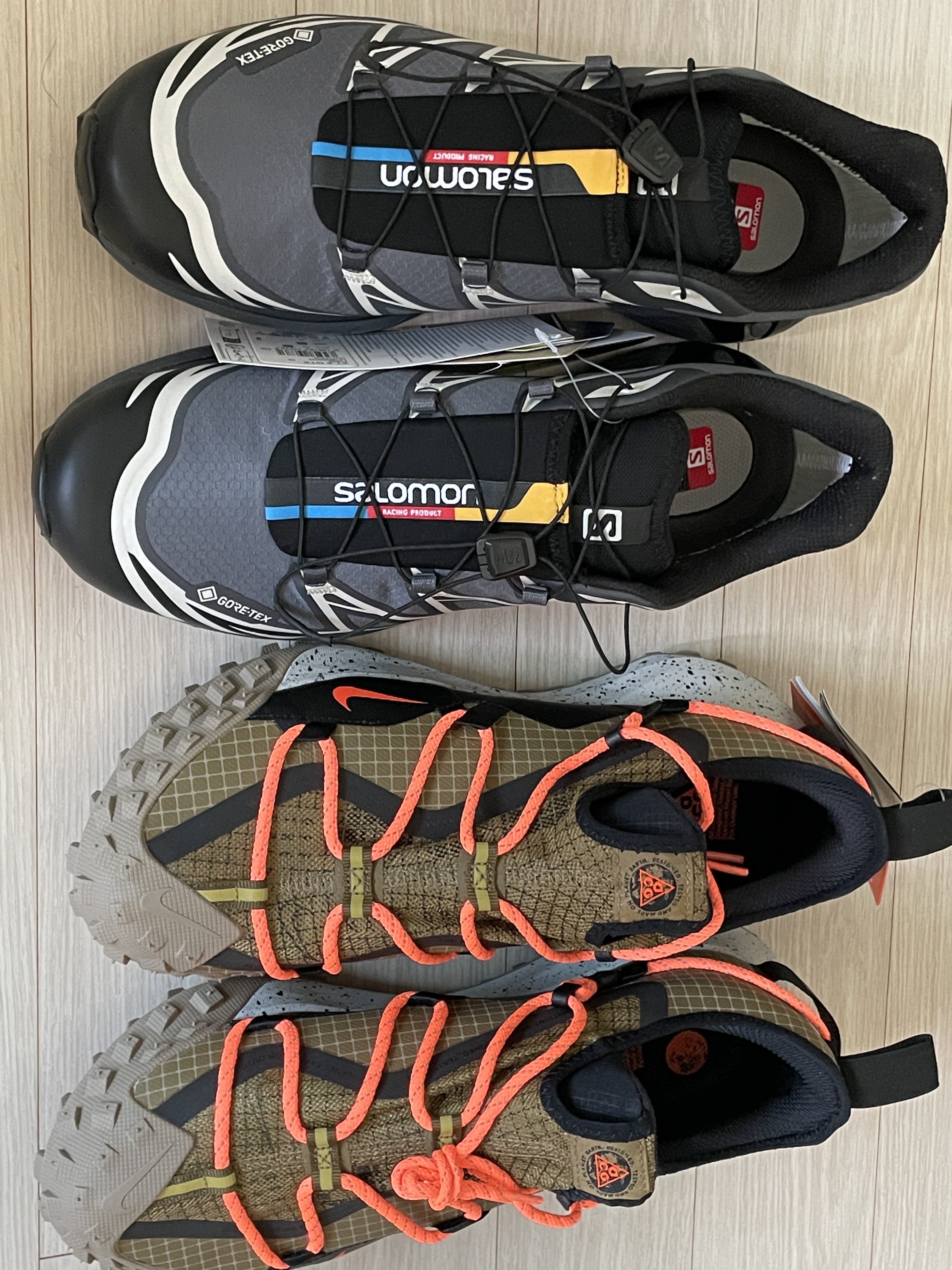 Nike ACG Mountain Fly Low Gore-Tex SE Hazel Rush, Salomon XT-6 Gore-Tex Black Ebony 착용 스타일